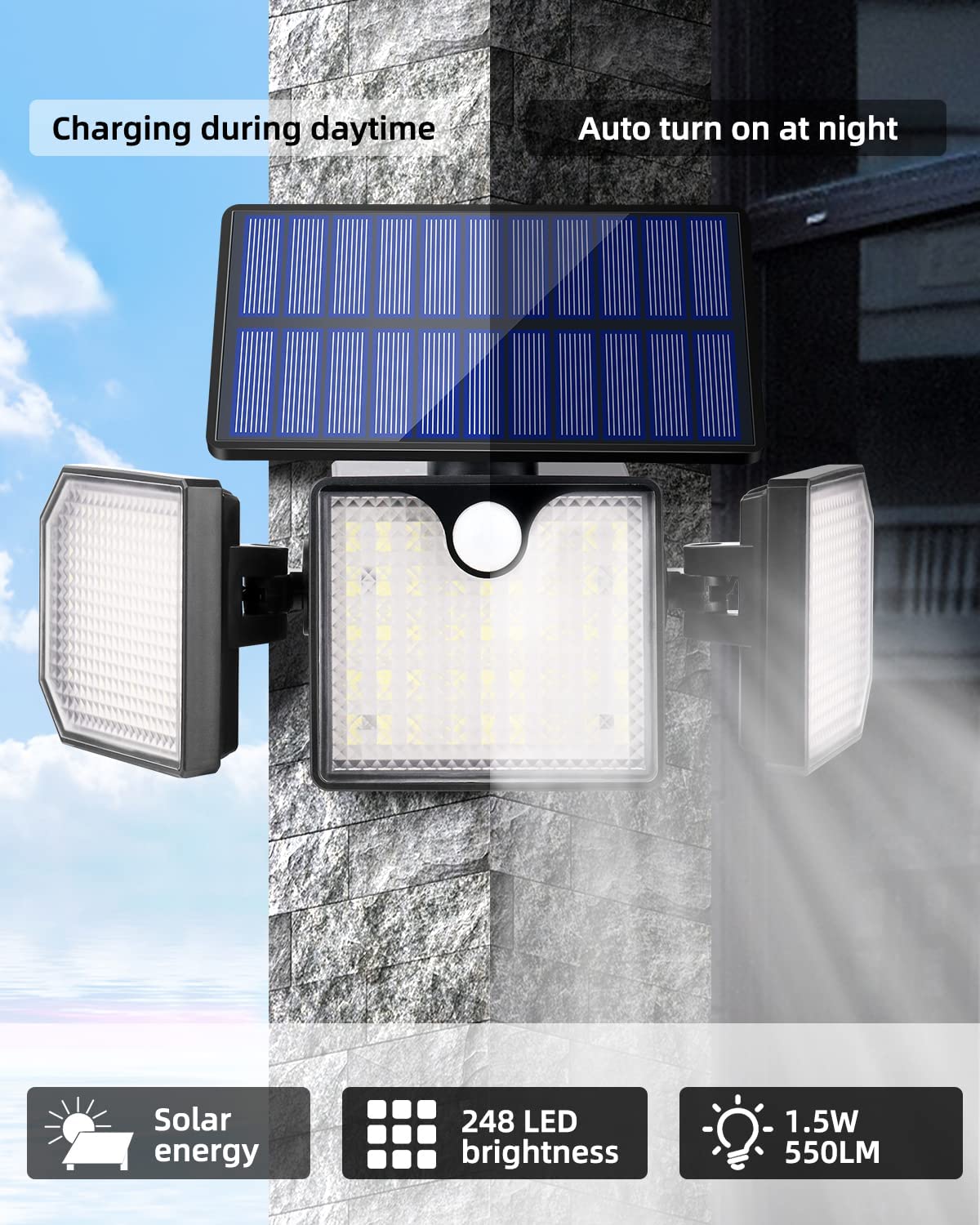 Ucgg Solar Wall Lights Outdoor, 260Lm Motion Sensor, Ip65 Waterproof, 3 Adjustable Heads