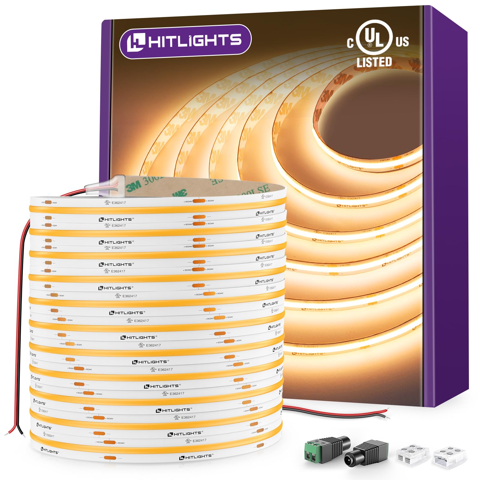 Hitlights Cob Led Strip Lights Warm White 2700K  32.8Ft enhanced High Density 24V Tape Light  5120 Leds  350+ Lm/Ft  Cri 90+  Ip30  Lighting For Kitchen  Cabinets  Ul Listed (Power Source Not Included)