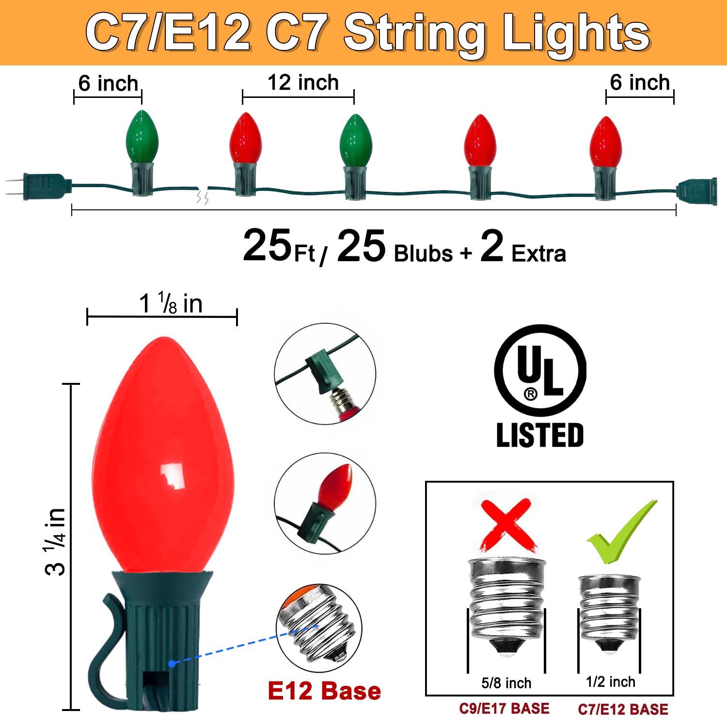 Couah C7 Christmas String Lights, 25FT Vintage Ceramic, 27 Red & Green Bulbs, Outdoor Holiday Decoration, Green Wire