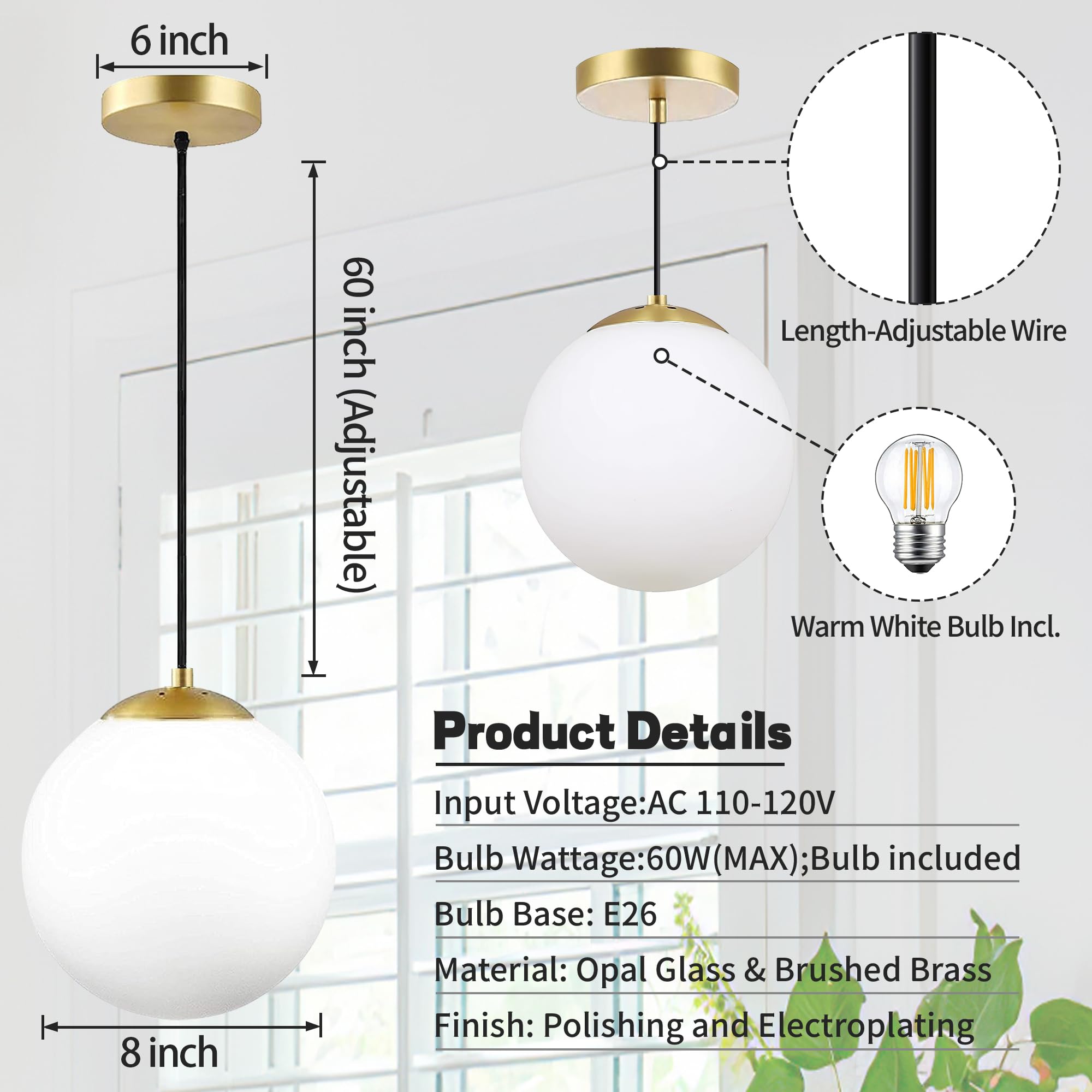 Koko&Yukina Modern Globe Pendant Light, Opal & Brass, 8&quot; Adjustable Fixture For Home Decor