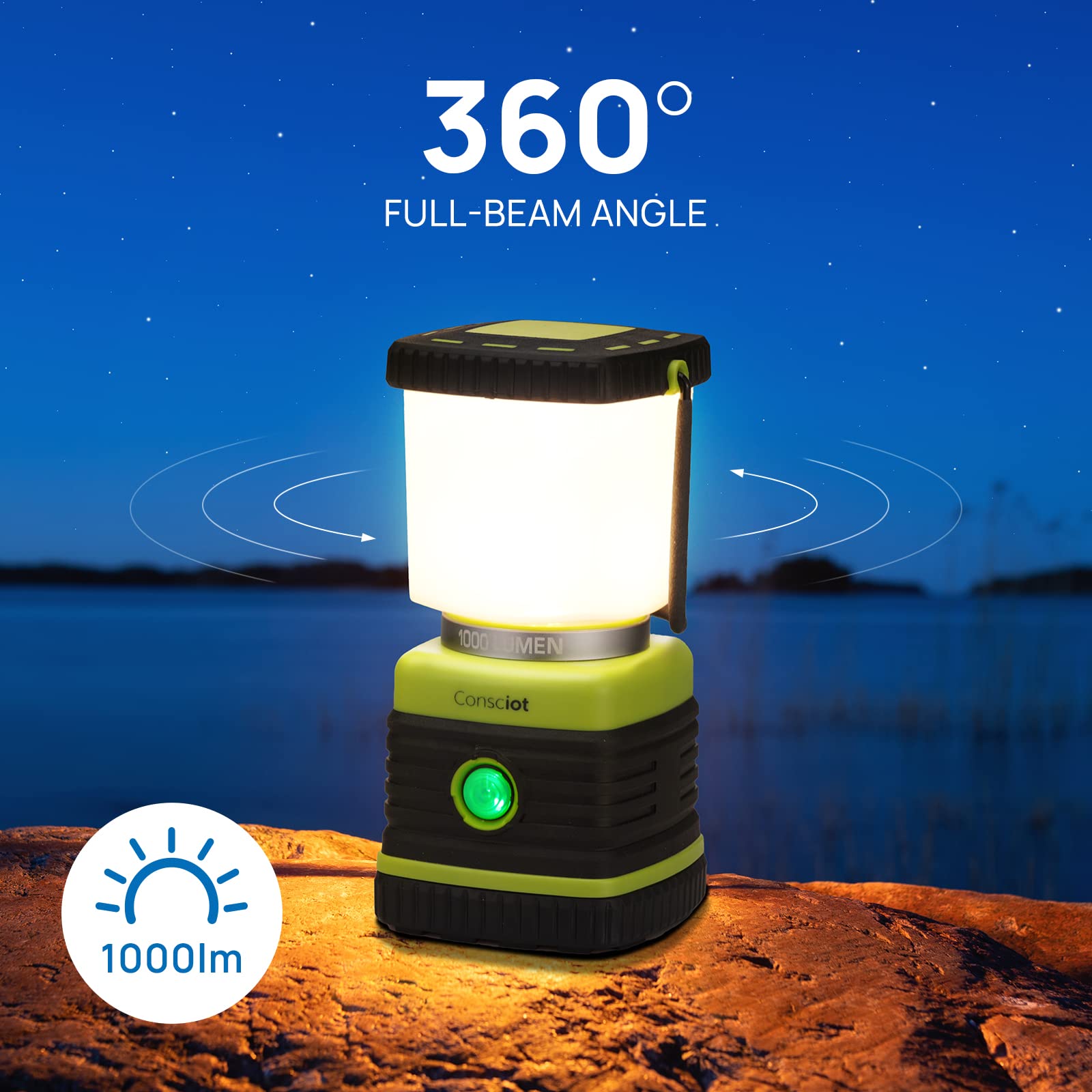 LED Camping Lantern, Consciot Battery Powered Camping Lights, 1000LM, 4 Light Modes, IPX4 Waterproof Tent Lights, Portable Flash
