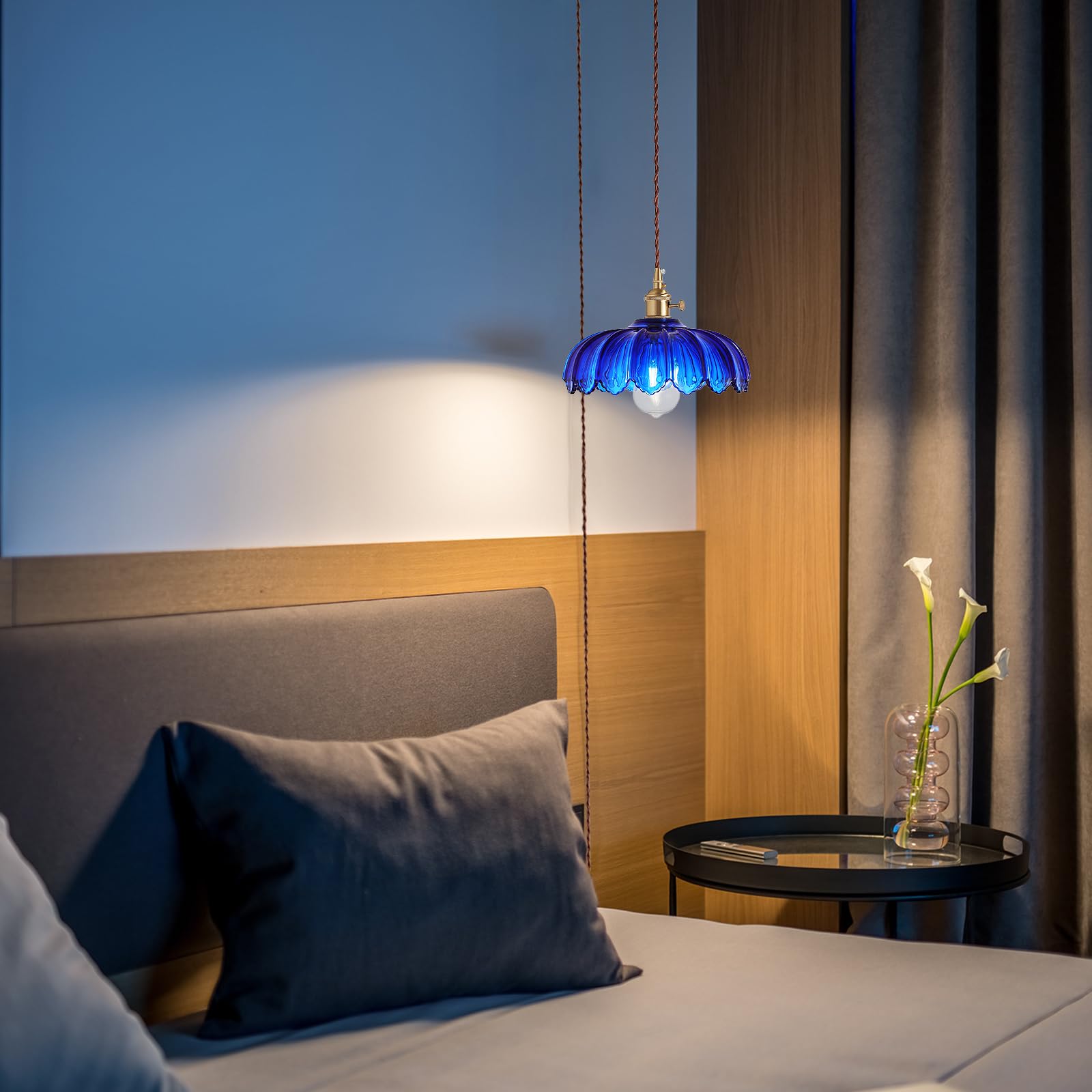 Xzhgcee Plug In Pendant Light: Hanging Light Plug In Fixture Bule Glass Hanging Lamp  Pendant Lighting For Kitchen Island  Bedroom  Dining Room  Living Room  E26 No Bulb