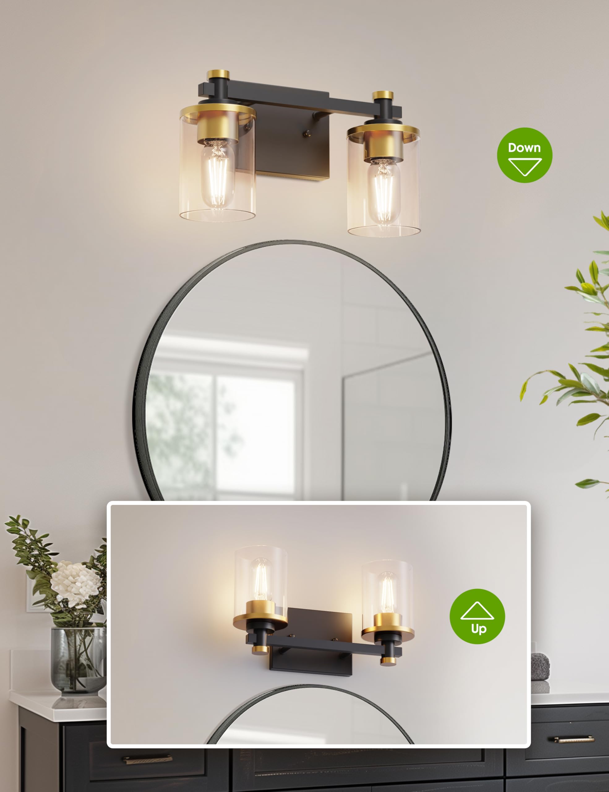 L LOHAS LED 2-Light Bathroom Vanity Light Fixture, Metal, Black and Gold, Clear Glass Shade, Model 6fc45a97-f4b7-4035-bab5-a5