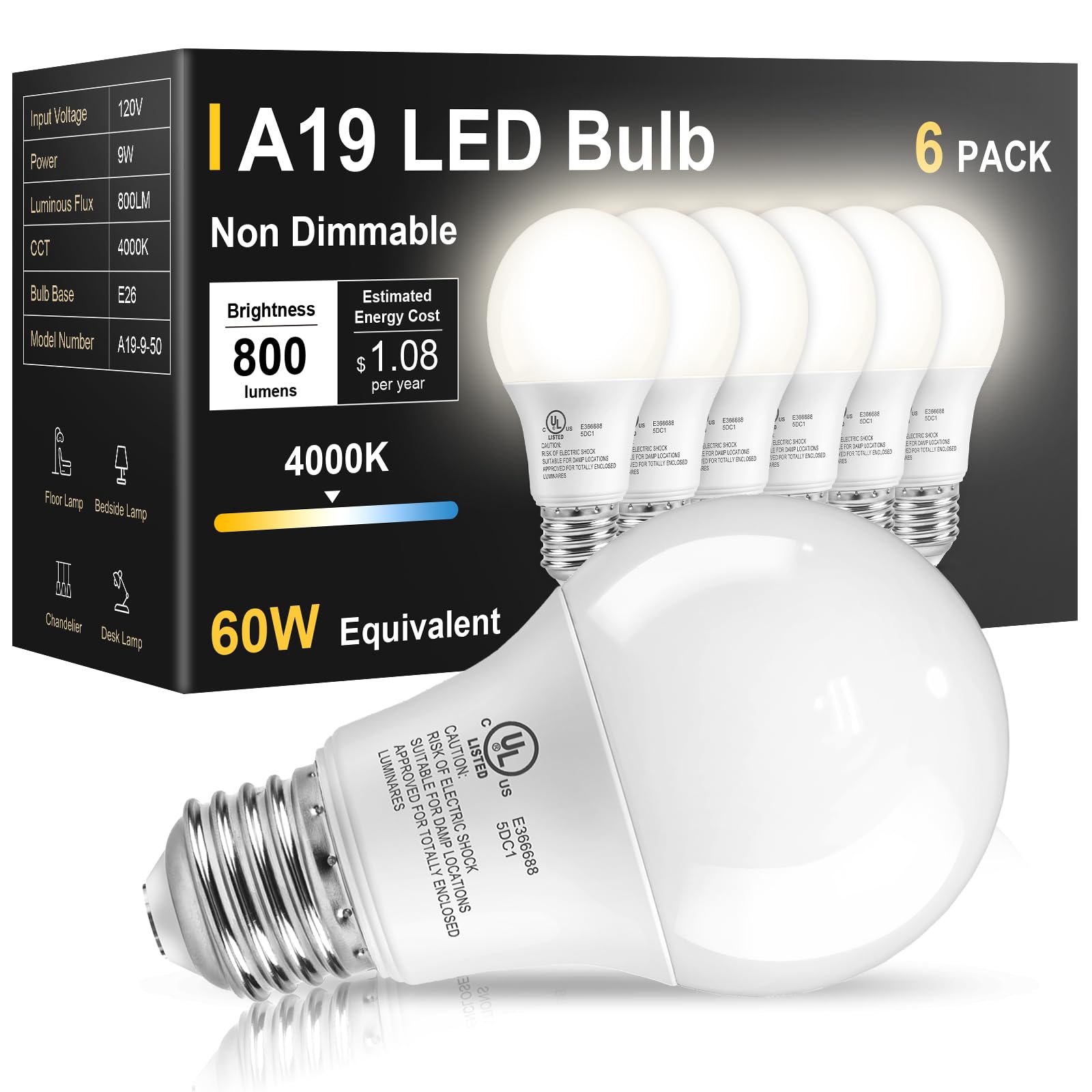 TJOY 6 Pack LED Light Bulbs 60 Watt Equivalent  Natural White 4000K A19  Efficient 9W  E26 Standard Base  800 LM Energy Saving Lightbulbs for Home Bedroom Living Room Office  Non-Dimmable  UL Listed