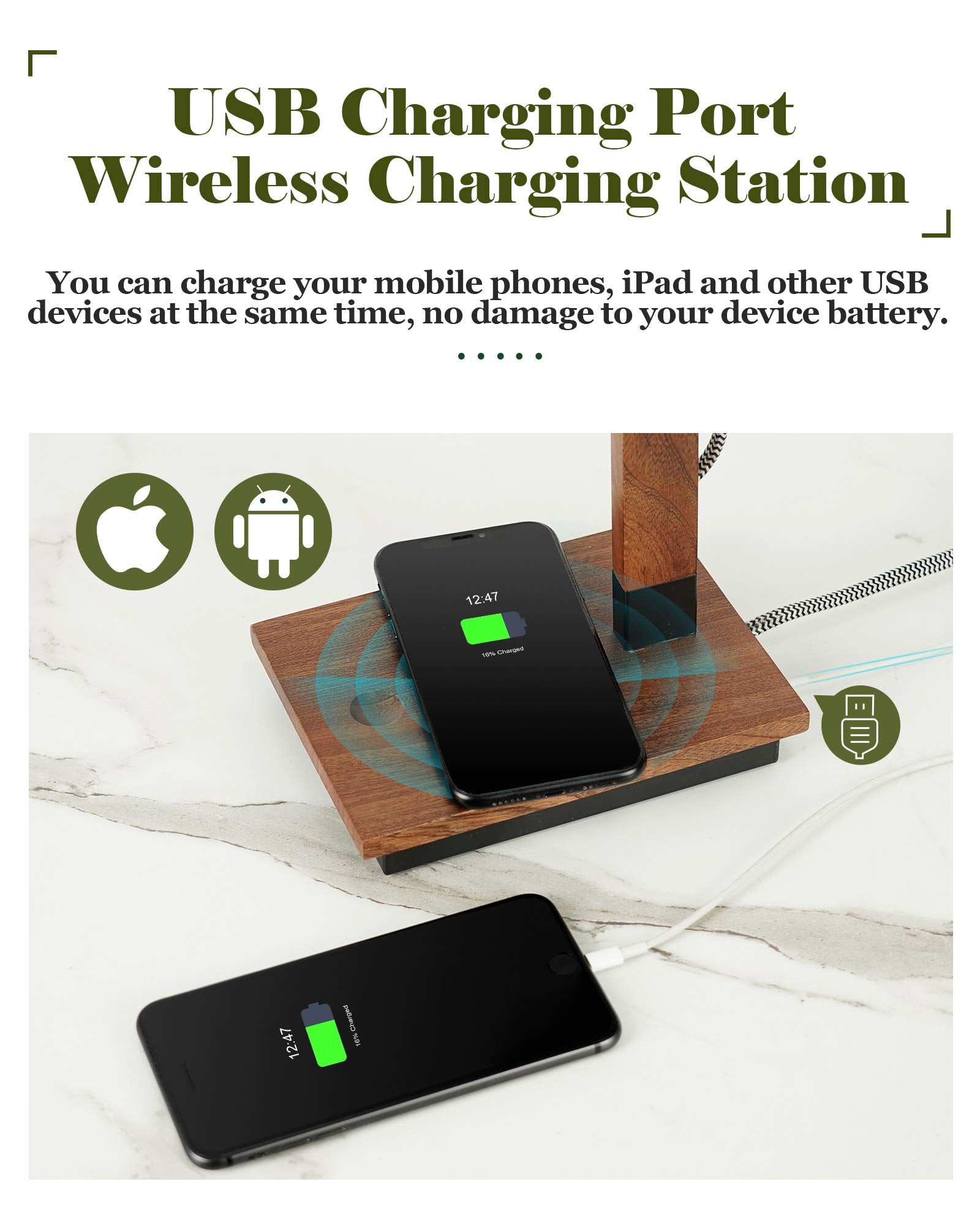 ELYONA Touch Control Desk Lamp - Adjustable Sapele Wood, Wireless Charging, USB Port, 19" Black & Brown, LED Bulb Included