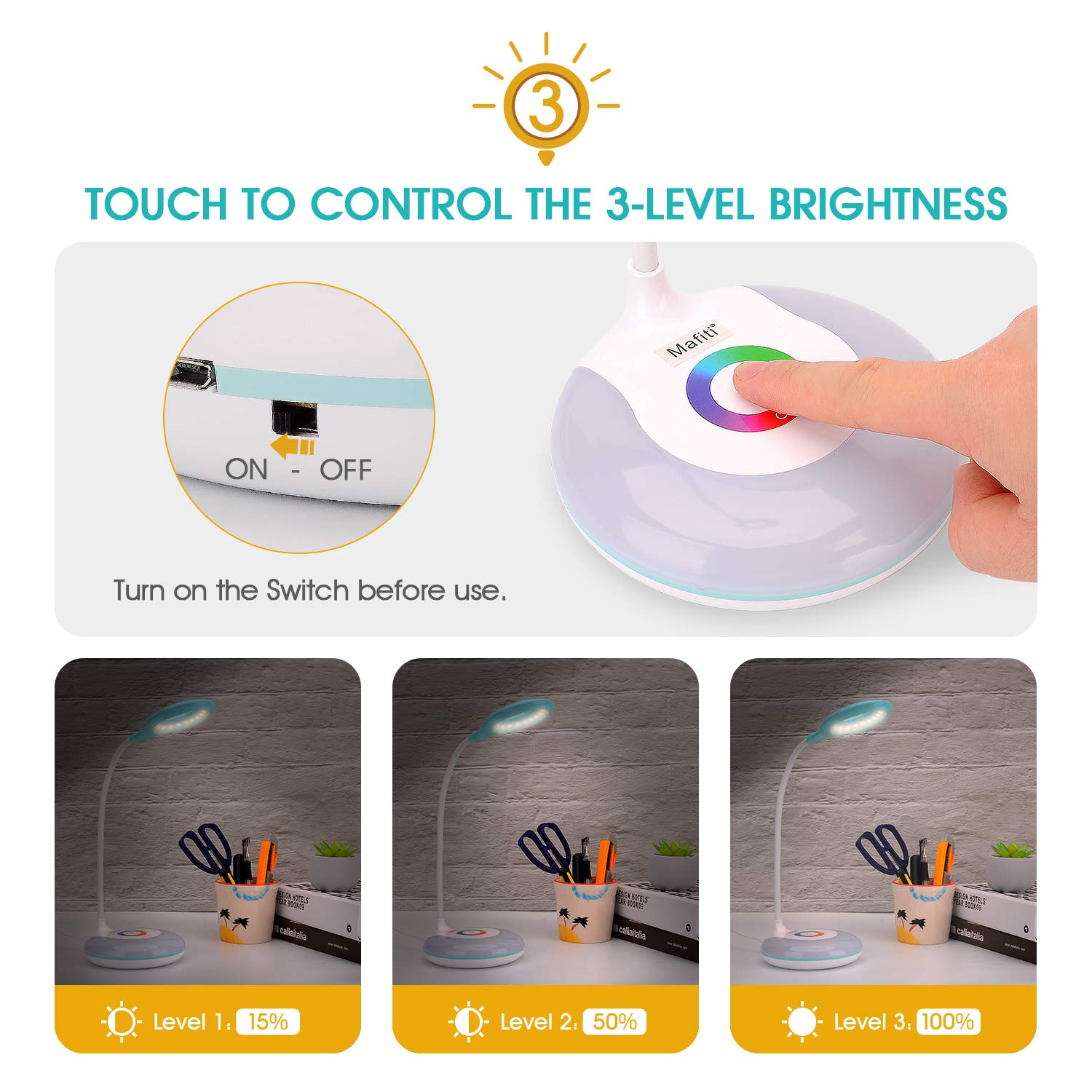 mafiti LED Desk Lamp - Cordless Rechargeable, Dimmable Touch Control, Adjustable Gooseneck, RGB Night Light, 1 Pack, Plastic