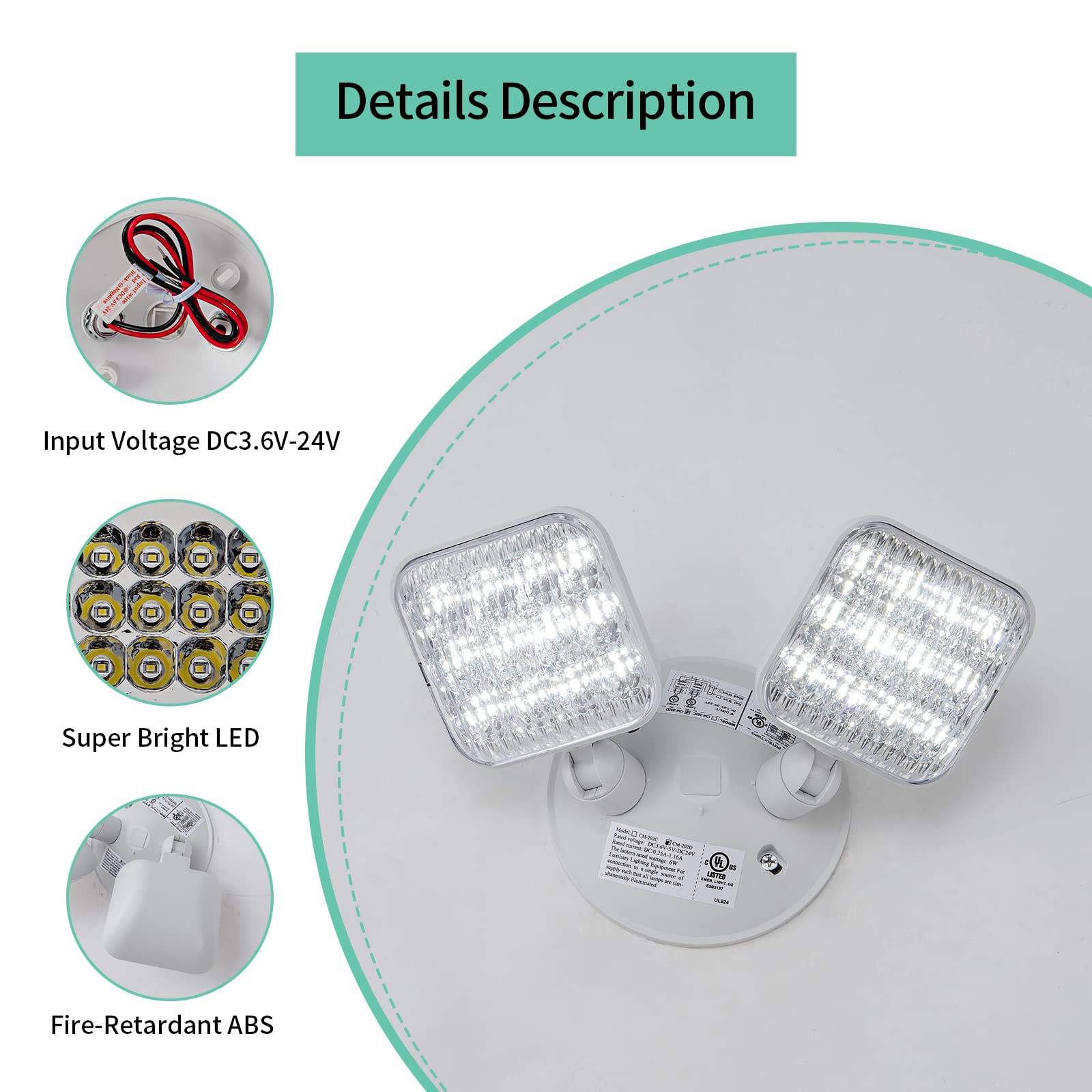 Tanlux Emergency Remote Head Lighting, 1 Pack Double Head Emergency Light, Ul Listed, Multi Voltage 3.6 To 24 Volt Input, 2 By 3 Watts, 2 By 180 Lumen, White