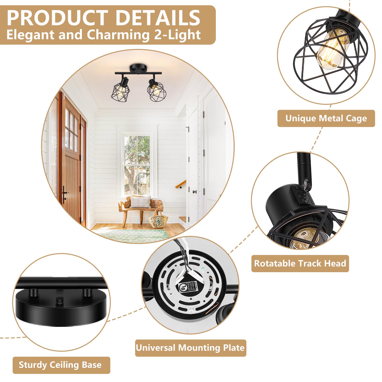 Baocuz 2-Lights Ceiling Light Fixtures, Adjustable Metal Wire Cage, Vintage Style, Black, Model BTCL-2 Light