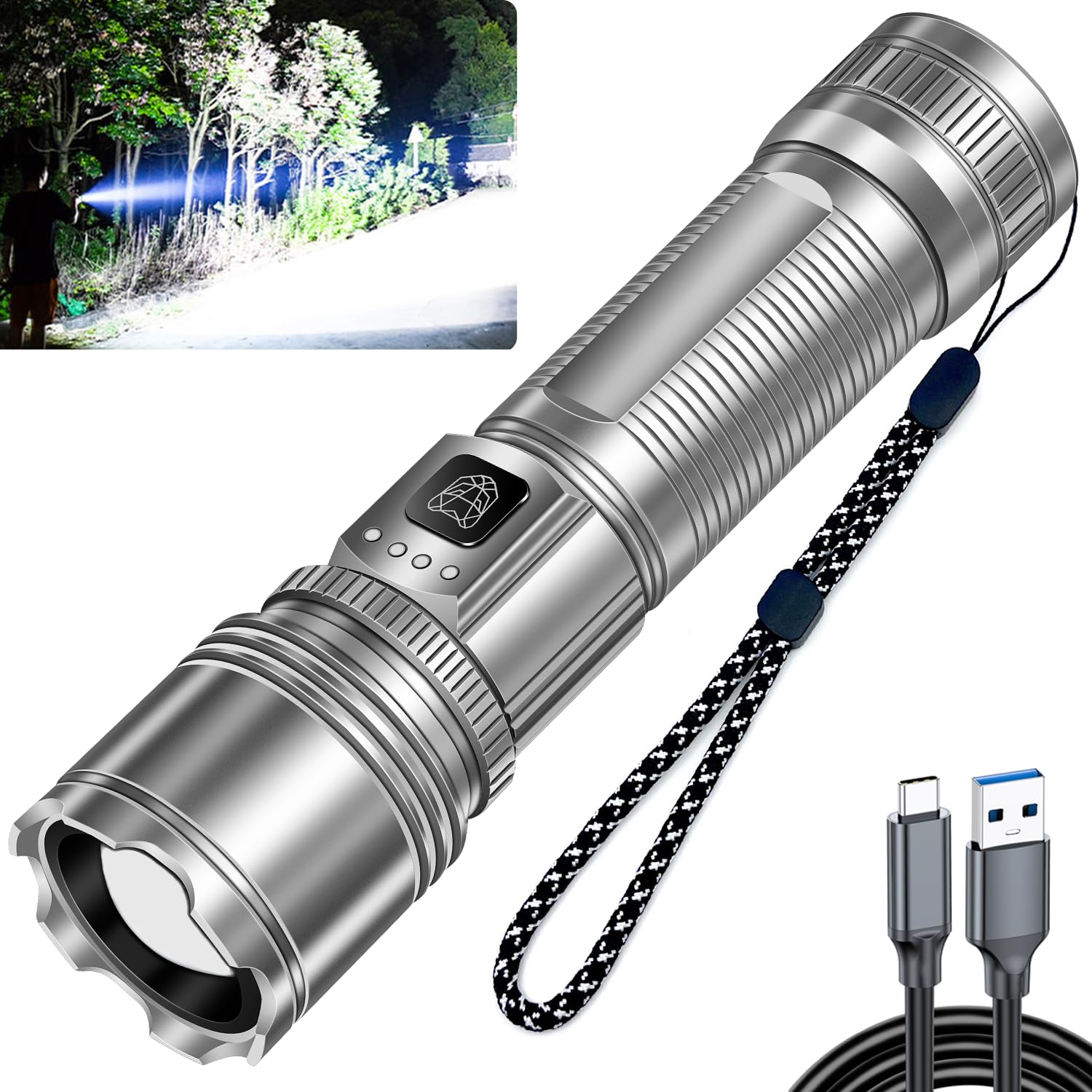 StarLume LED Rechargeable Flashlights High Lumen, 90000lm Super Bright EDC Flashlight, Zoomable, 5 Modes, Waterproof, Handheld P