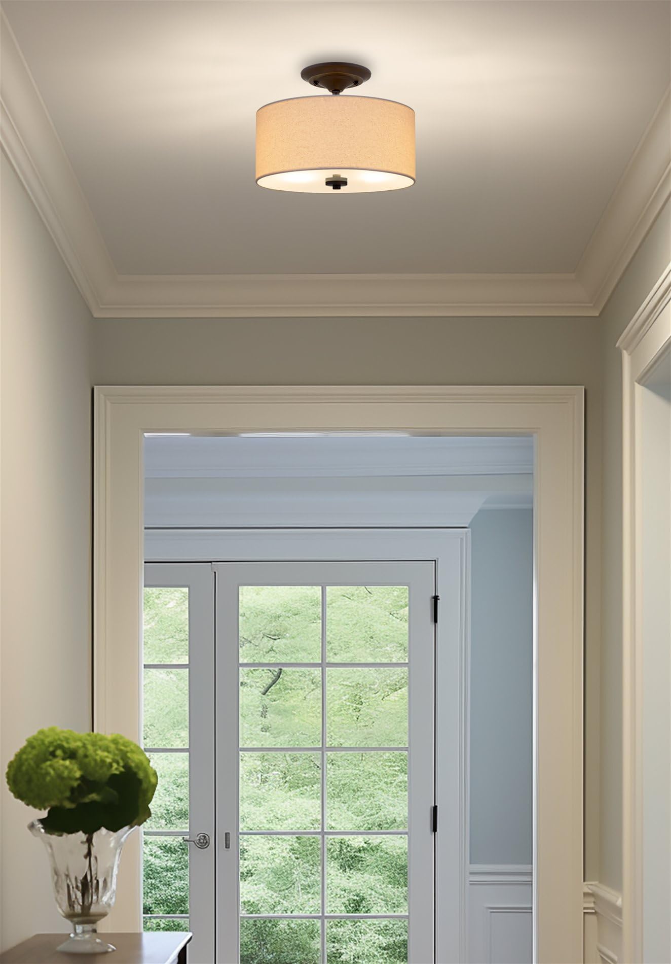 Kira Home 13in 2-Light Semi-Flush Mount Ceiling Light, Off-White Fabric Shade, Bronze Finish, Model OpenBox-RV-CSF615-414-OB