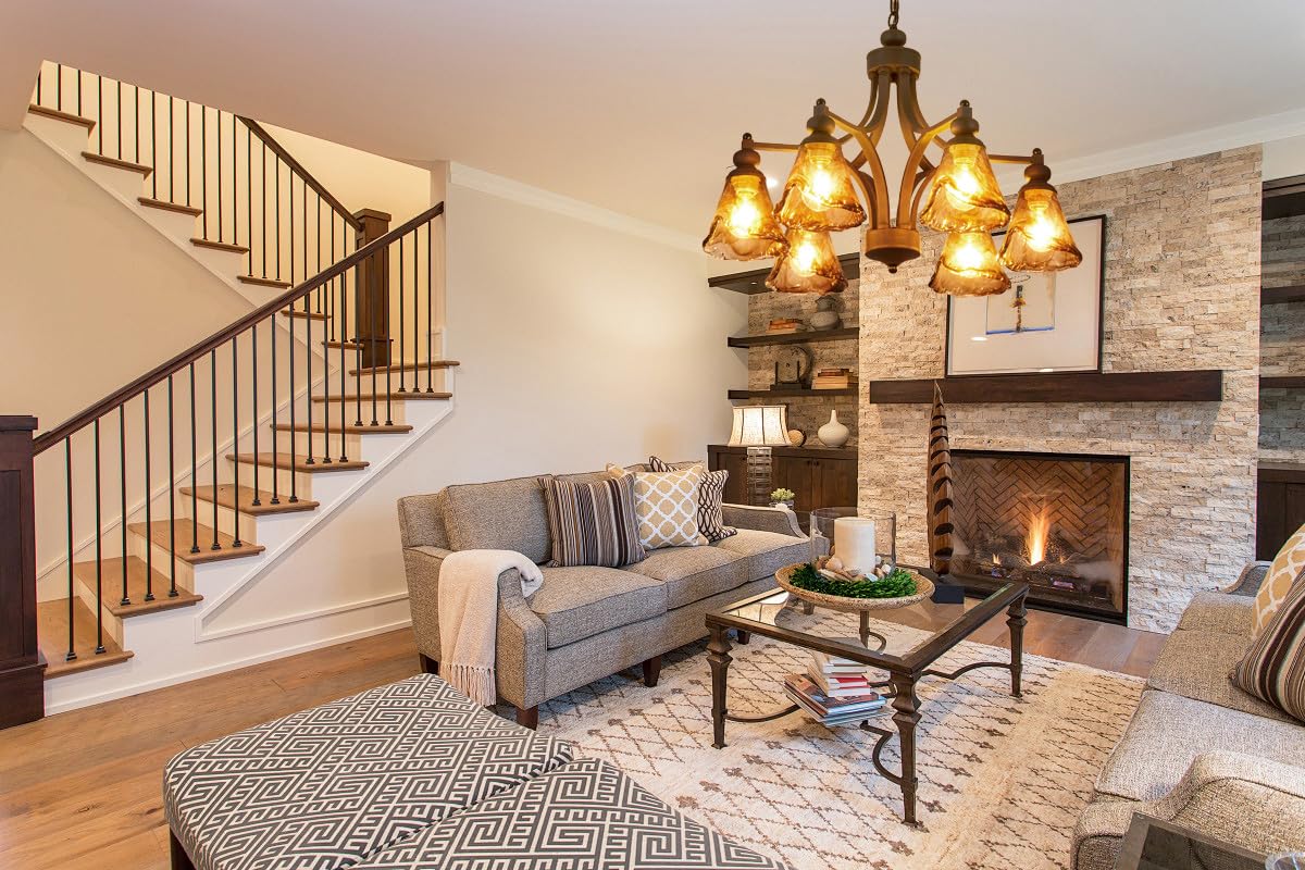 Lanpesting Vintage Farmhouse Chandelier  27 Inch Adjustable Amber Glass Rust-Finish Metal Pendant Light Fixture For Living Room  Bedroom  Dining Room  Kitchen Lighting (6-Light)