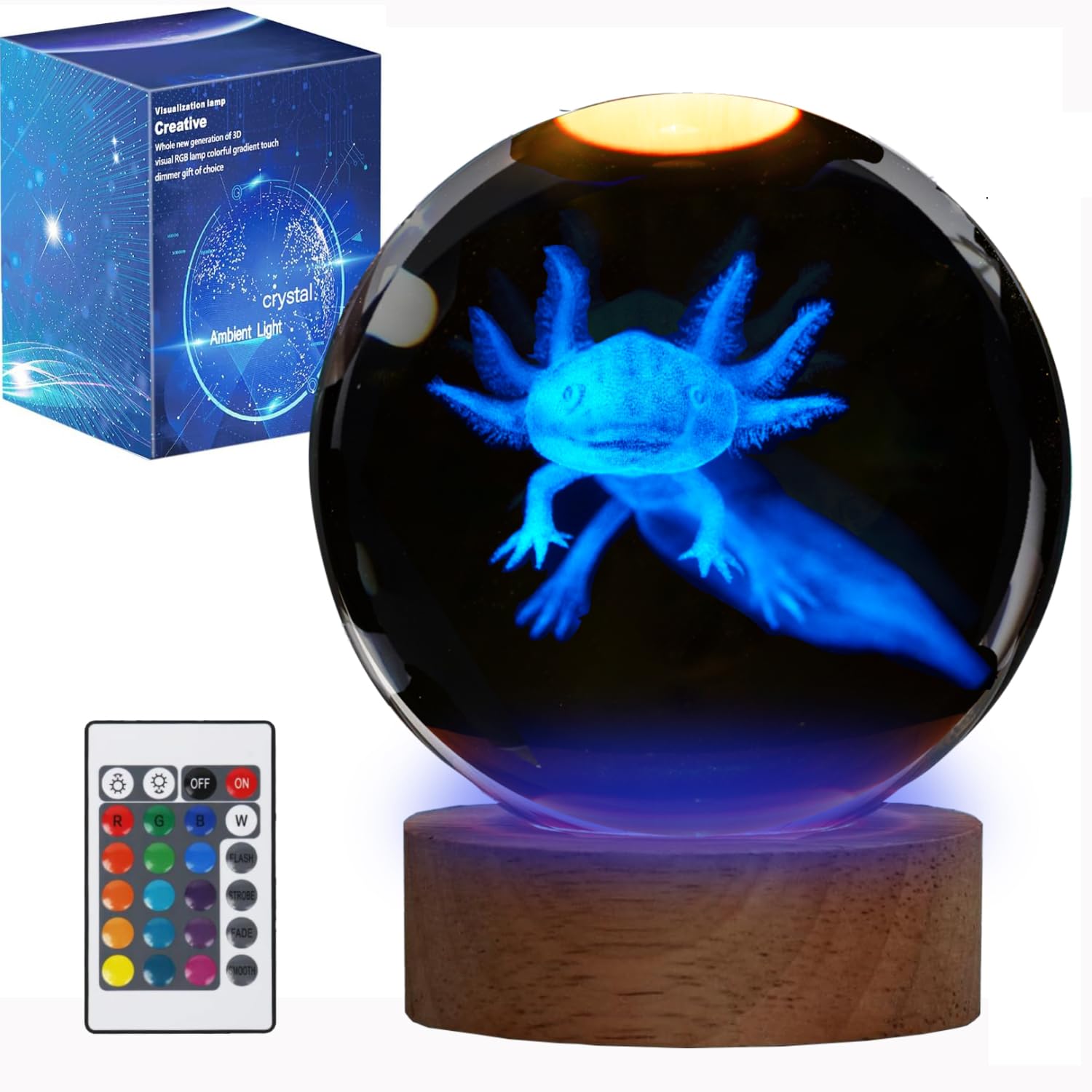 POSSHE Axolotl Night Light, Axolotl Gifts, 3D Crystal Ball Axolotl Lamp with Remote 16 Color for Birthday Xmas Cool Upgraded 3.1