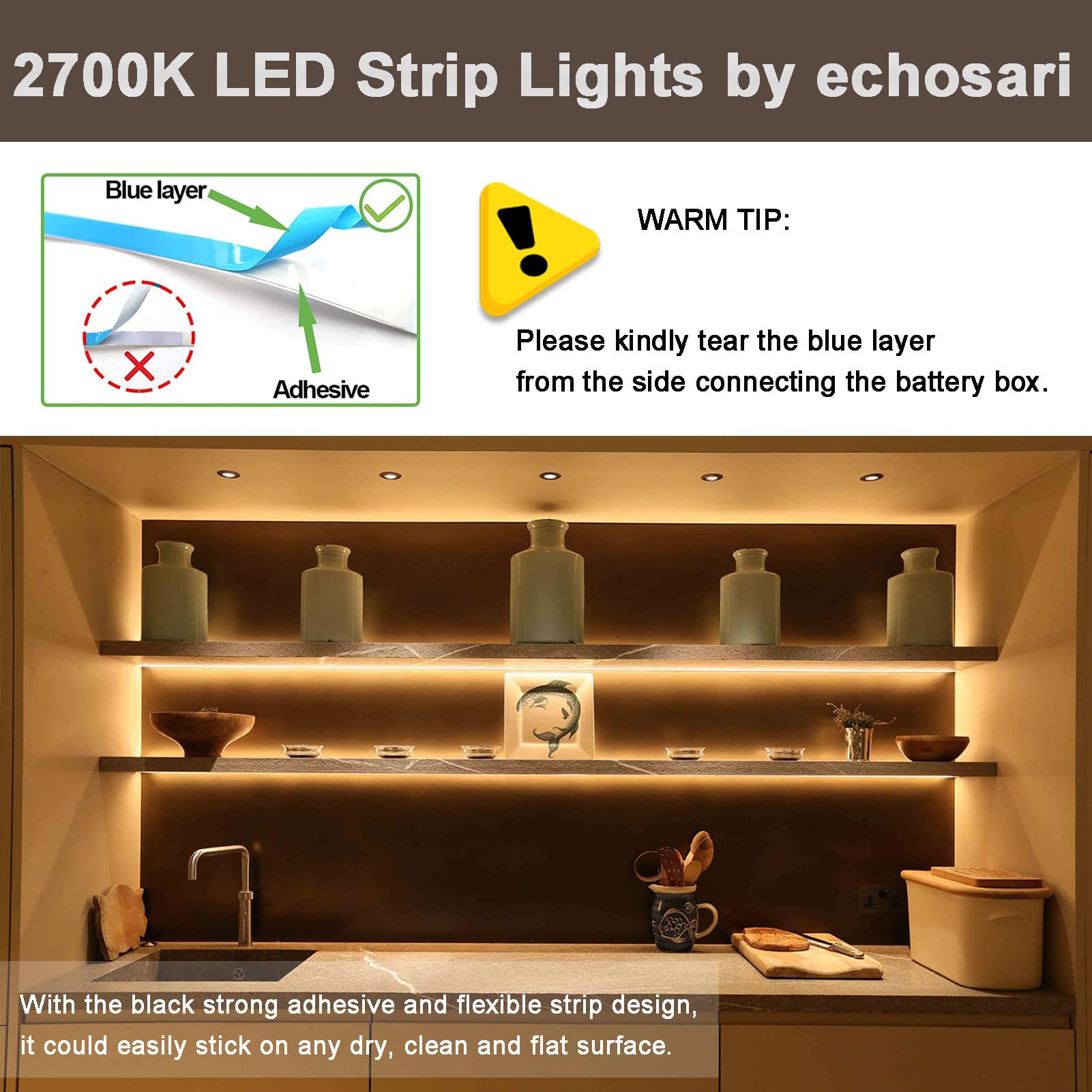 echosari 9.8FT Warm White Battery Powered LED Strip Lights with Remote, Dimmable, Waterproof, 8 Modes for TV, Kitchen, Bedroom Decor