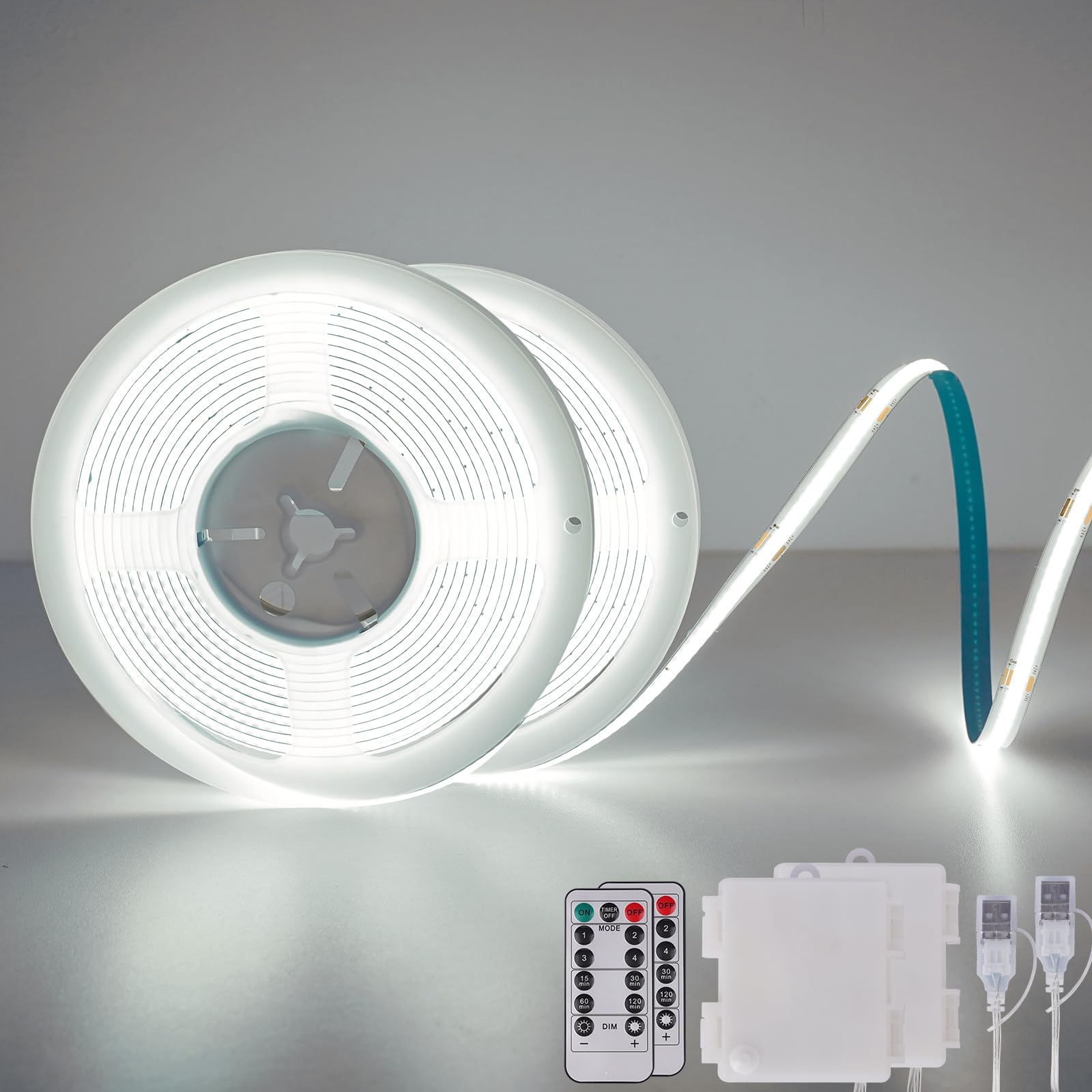 OMIKA Battery Operated LED Light Strip, 6.56FT, 640LED, USB, Dimmable with Remote, 6000K Cool White, 2 Pack