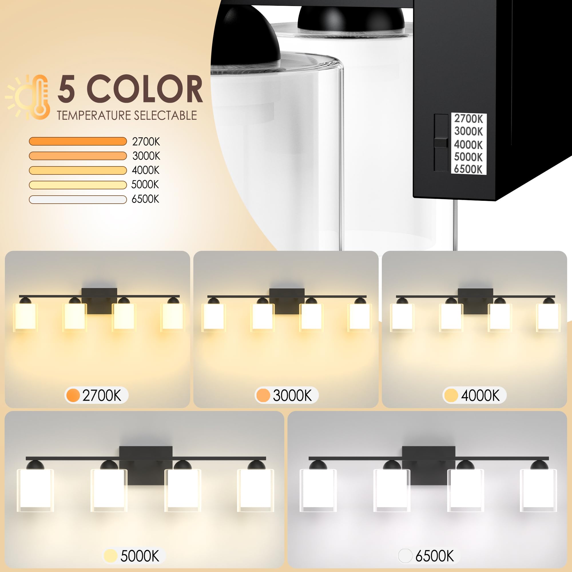 Quntis Black Bathroom Lighting Fixtures Over Mirror With 5 Color Modes  4 Light Dimmable Led Bathroom Vanity Light  With Eye Care Milk White Frosted Glass  28W Energy Saving  27 Inch (Bulbs Included)