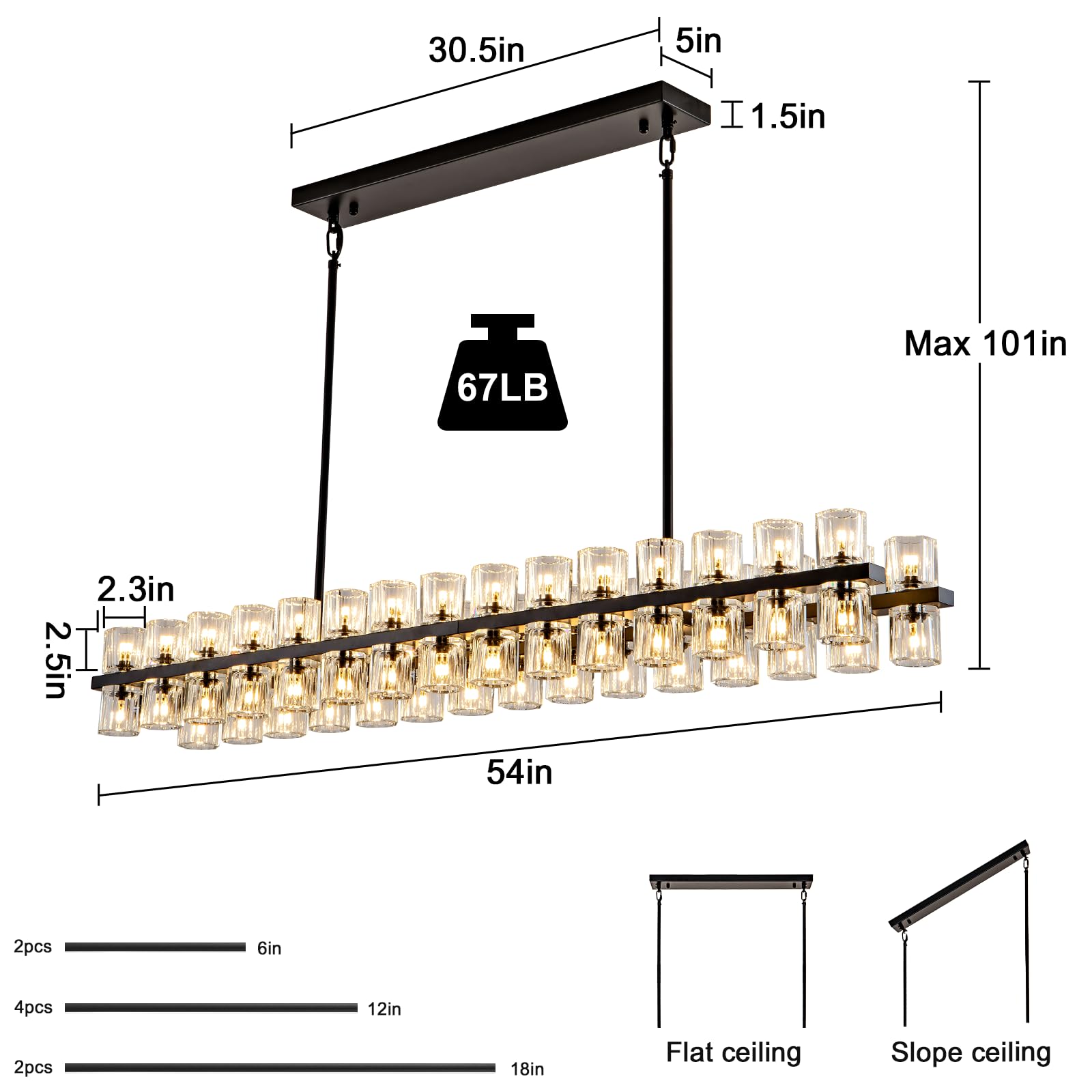 Crystal Black Rectangular Chandelier Light Fixture,54 In Dining Room Chandeliers Over Table,Modern Chandeliers For Living Room,A