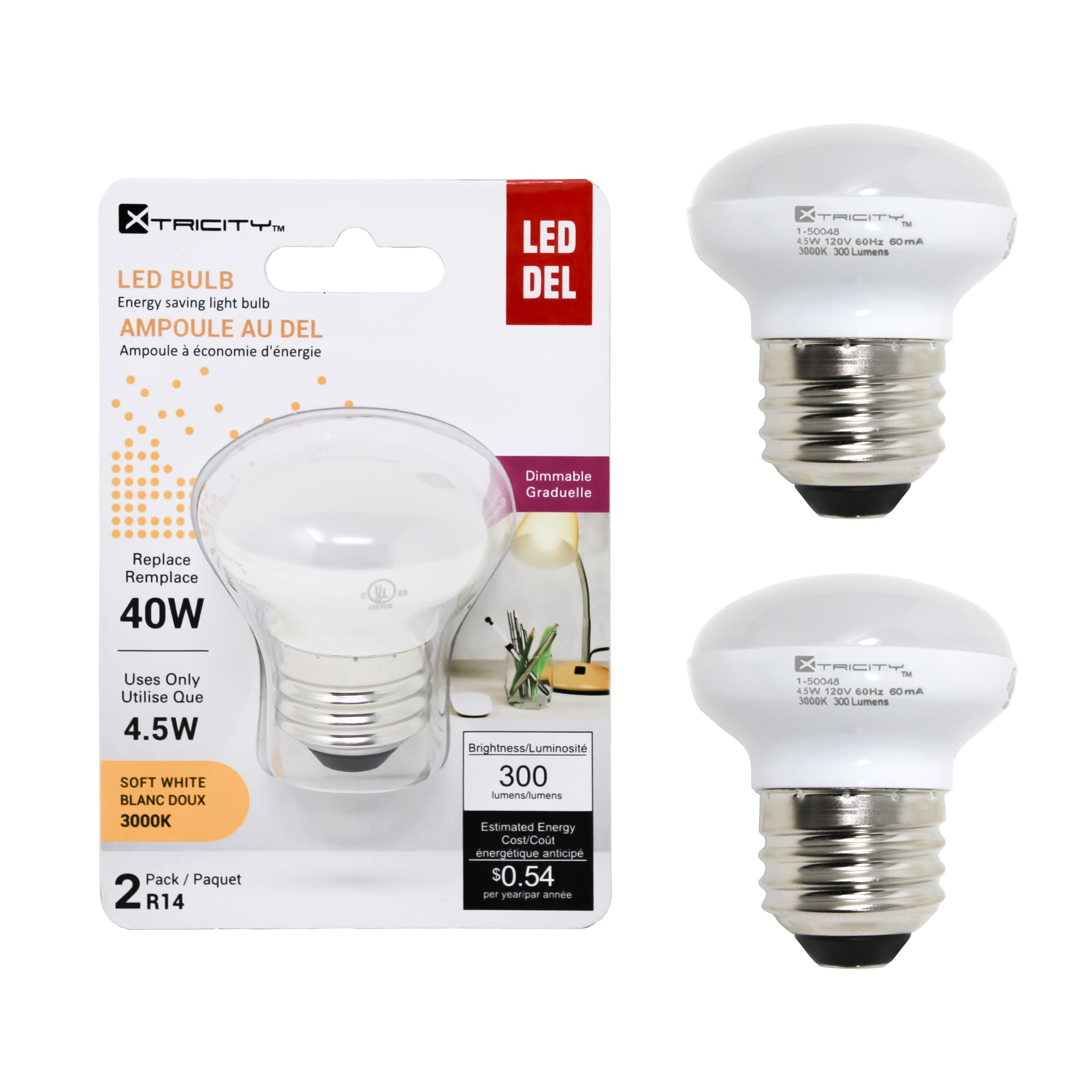 Xtricity Dimmable LED Light Bulbs, E26 Base, 4.5W (40W Equivalent), 3000K Soft White, 300 Lumens, 2 Pack