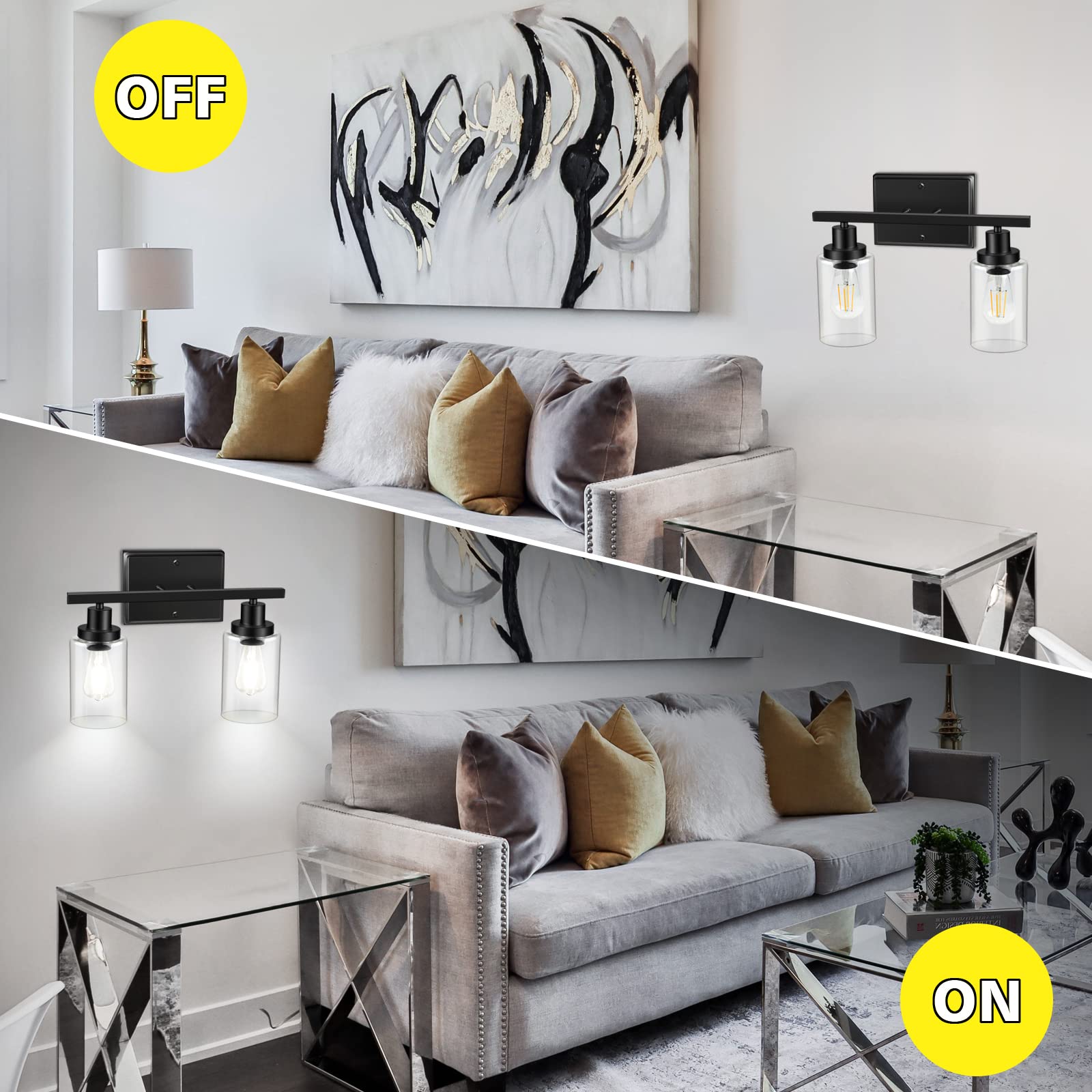 Ascher 2-Light Wall Sconces, Modern Vanity Light Fixture Black Finish, Wall Light With Clear Glass Shade For Mirror Hallway Bedr