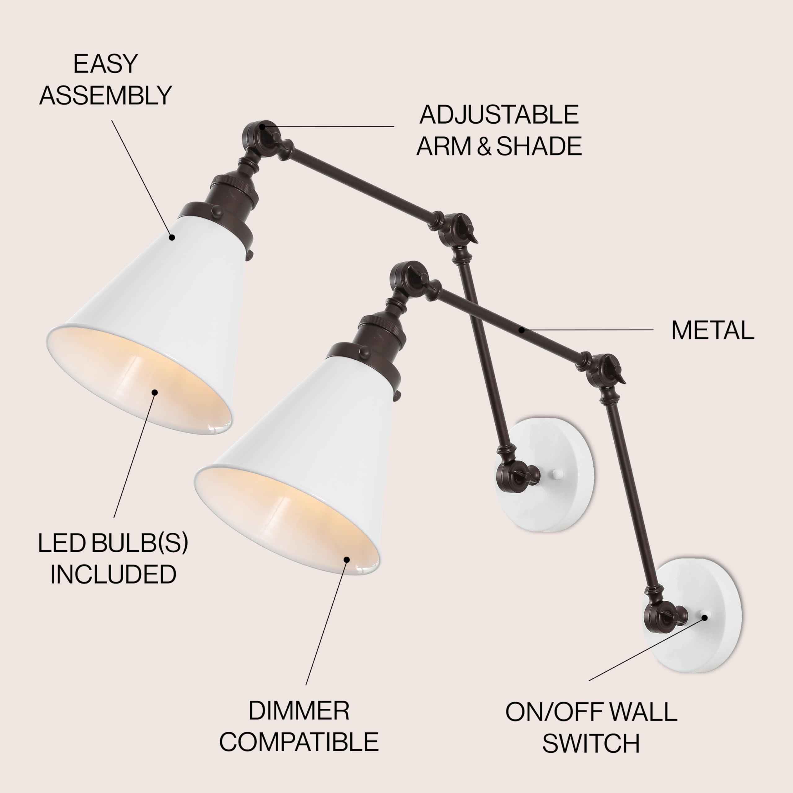 Jonathan Y Jyl7462C-Set2 Rover 7'' Classic Industrial Metal Adjustable Arm Led Wall Sconce, White/Oil Rubbed Bronze (Set Of 2) F