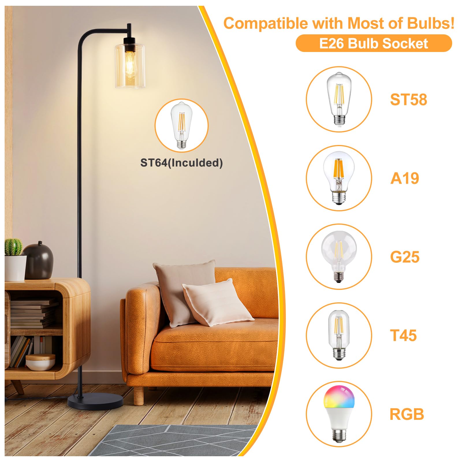 DINGLILIGHTING Tall Floor Lamp - Black Metal with Amber Glass Shade, Model WSFLL005-BK-3, Ideal for Living Room or Office