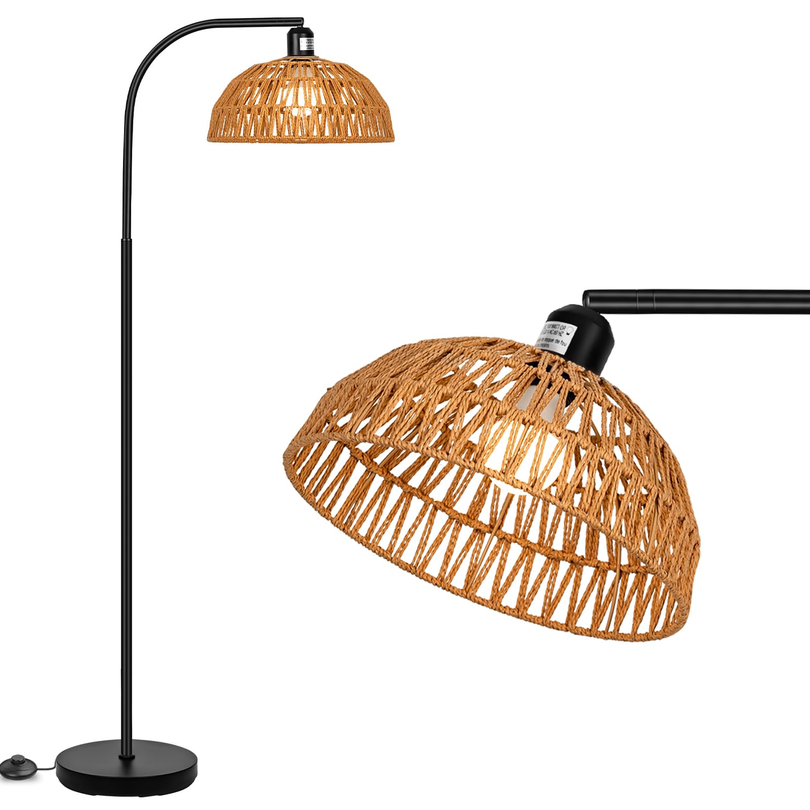 Farmhouse Rattan Floor Lamp, Black Rustic Tall Floor Lamp, Boho Floor Lamps With Hanging Adjustable Hand-Worked Rattan Shade, Foot Switch, Black Pole Lamps For Living Room (Bulb Not Included)