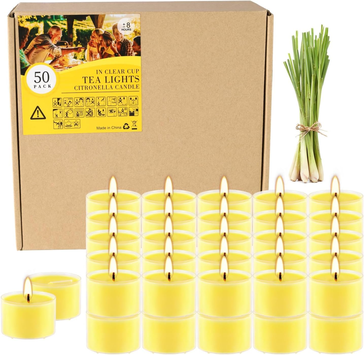 Fclayvts 8-Hour 50Pack Citronella Tealight Candles, Outdoor and Indoor Summer Scented Candle,Natural Soy Wax Candle for Home Pat