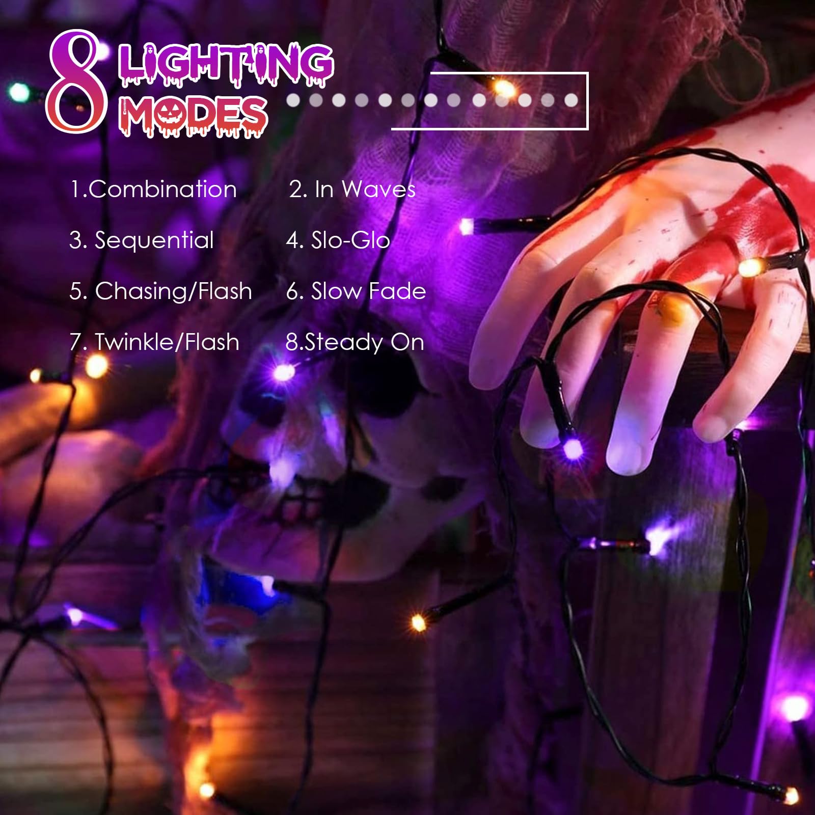 4Pk Orange And Purple Solar Halloween Lights Outdoor Waterproof, 400Led 132Ft Solar Powered Led String Lights Black Wire With 8