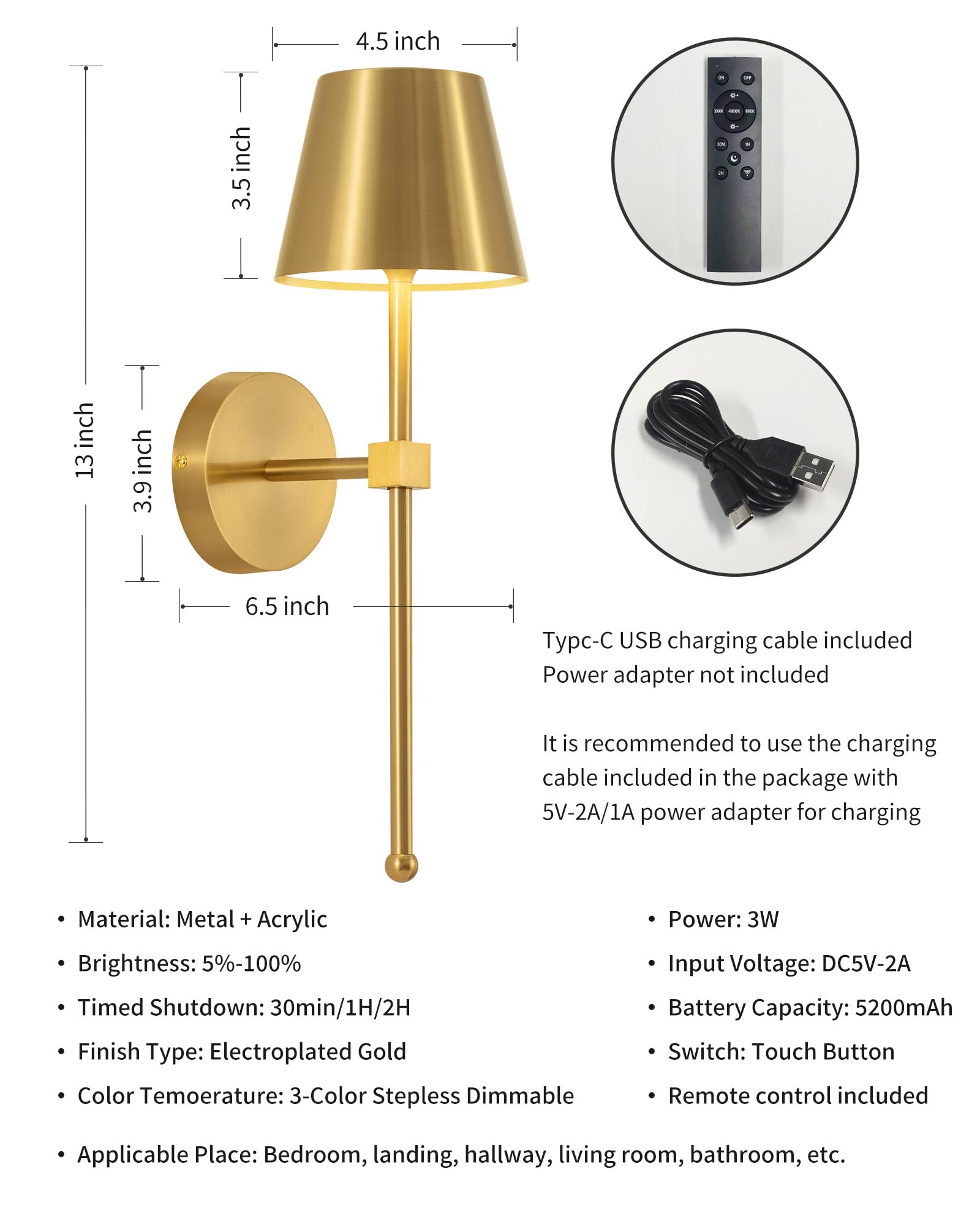 Kdg Wireless Wall Sconces Set Of 2, Small Cordless 5200Mah Rechargeable Battery Led Wall Lamps, Stepless Dimming Lightings For W
