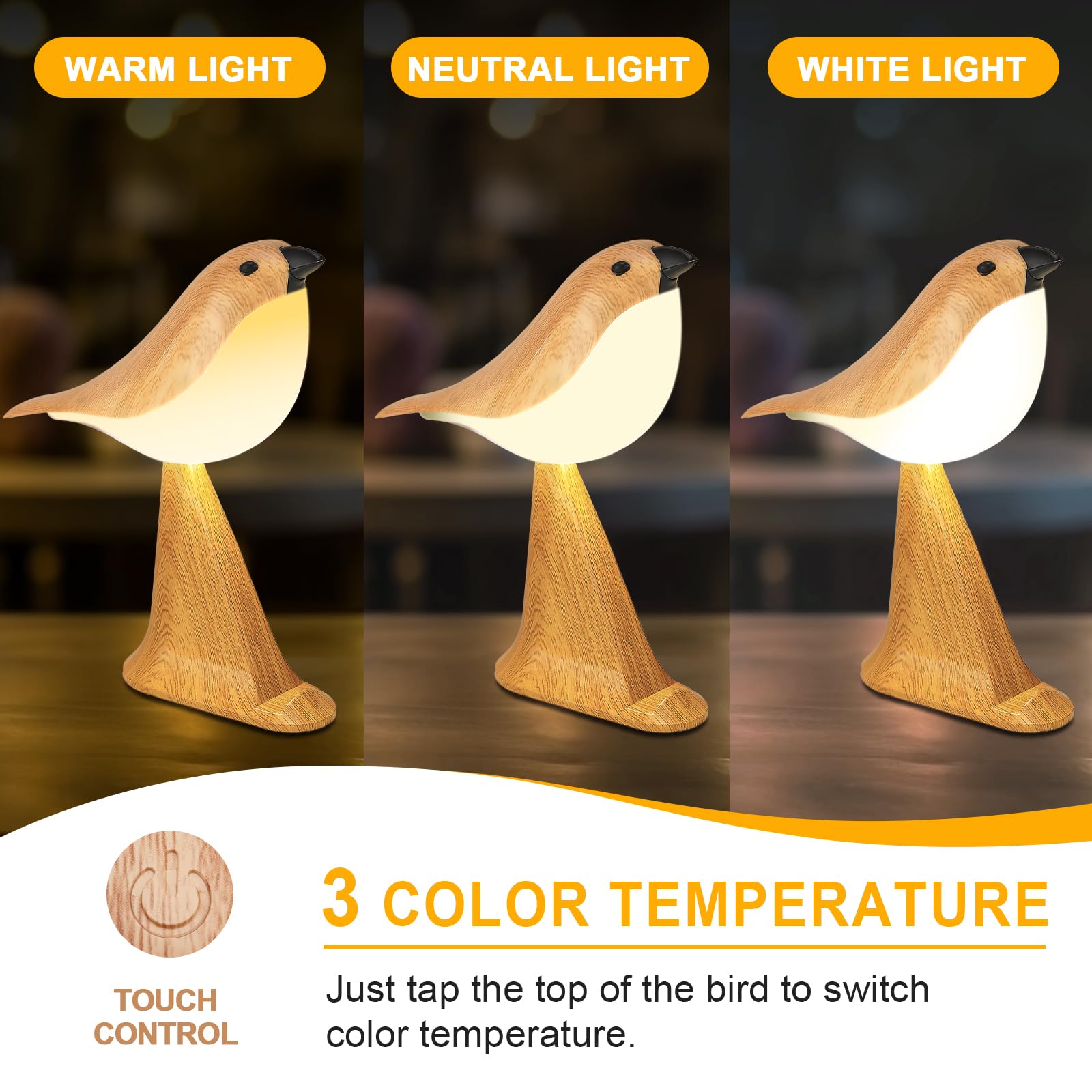 Deogos Cute Bird Table Lamp, Touch Control Bedside Lamp, Brid Night Light, Cordless Small Desk Lamps Battery Operated Nightstand