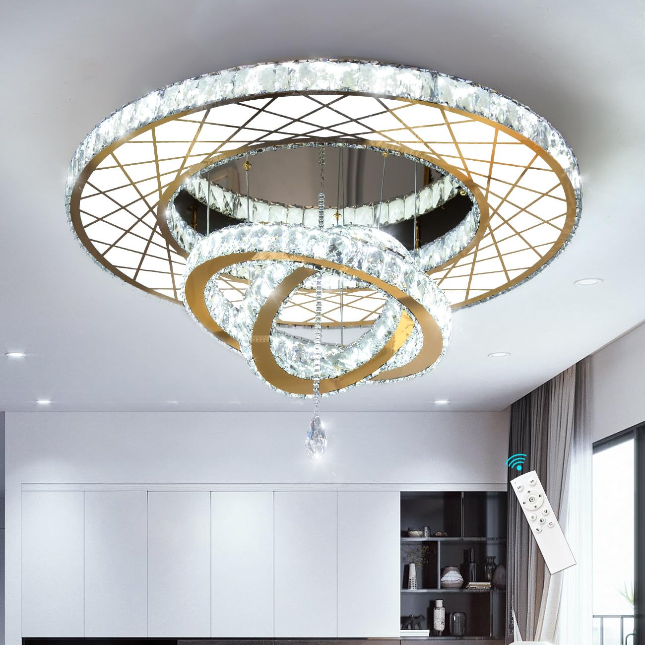 HAIXIANG 40 Inch LED Chandelier, Remote Dimmable Ceiling Light Fixture, Gold, Flush Mount, Compatible with Sloped Ceilings, Model MMQ3831-100