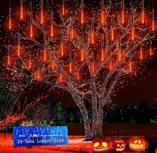 Halloween Decorations Outdoor, Kwaiffeo 24 Tubes Meteor Shower Lights(Equivalent to 3 Sets of 8-Tube) for Halloween Decorations Outside, Orange Lights for Tree Fall Decor Autumn Decorations, UL Plug