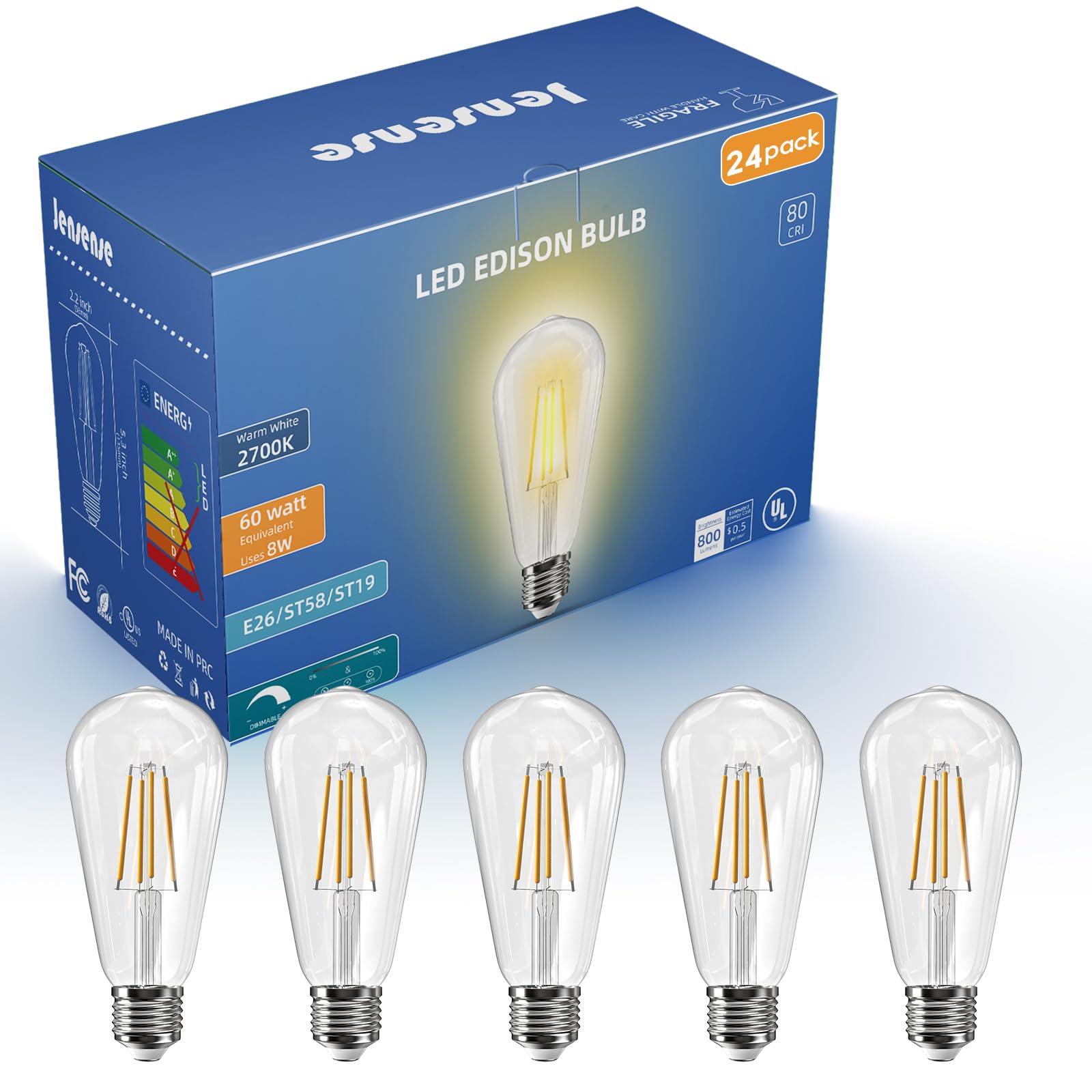 Jensense Edison LED Light Bulbs 8W Dimmable 2700K Warm White E26 60W Equivalent Clear Glass 24 Pack CRI 90 Model ETL-LBCST