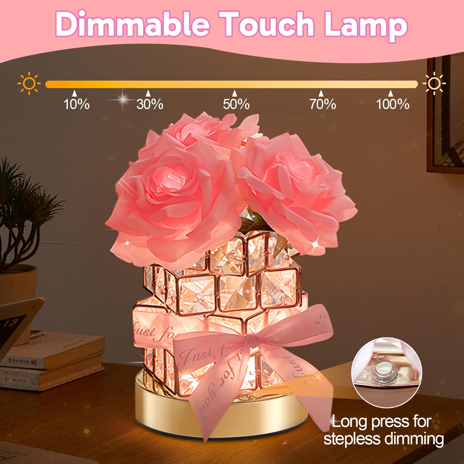 Onxe Birthday Christmas Gifts For Women Girlfriend Wife Mom  Rechargeable Cordless Touch Crystal Rose Table Lamp 3 Color Dimming Forever Flowers Night Light  Anniversary Valentines Rose Gift For Her