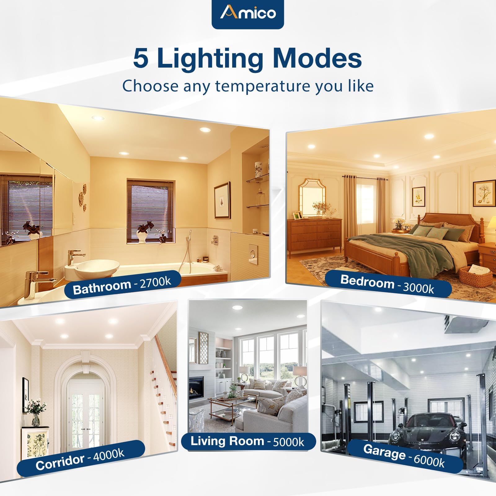Amico 6 Pack 5/6" Dimmable 5CCT LED Recessed Lights, 11W=100W, 1100LM, ETL & FCC Certified