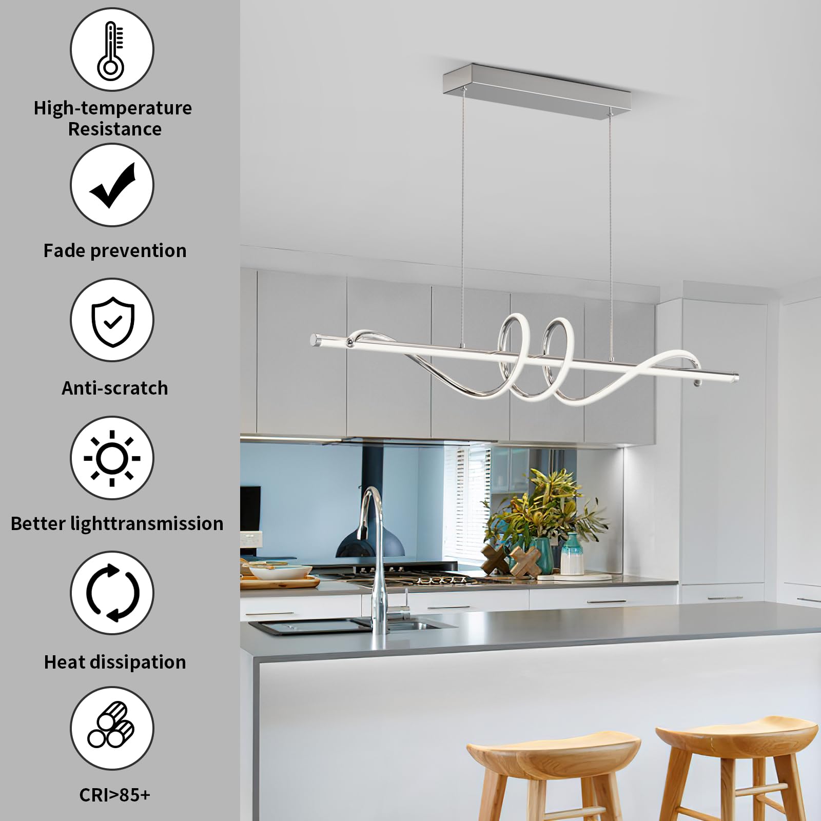LannlKer Modern Pendant Light, 39in, Dimmable, Chrome Silver, Remote Control, Model LX-1L