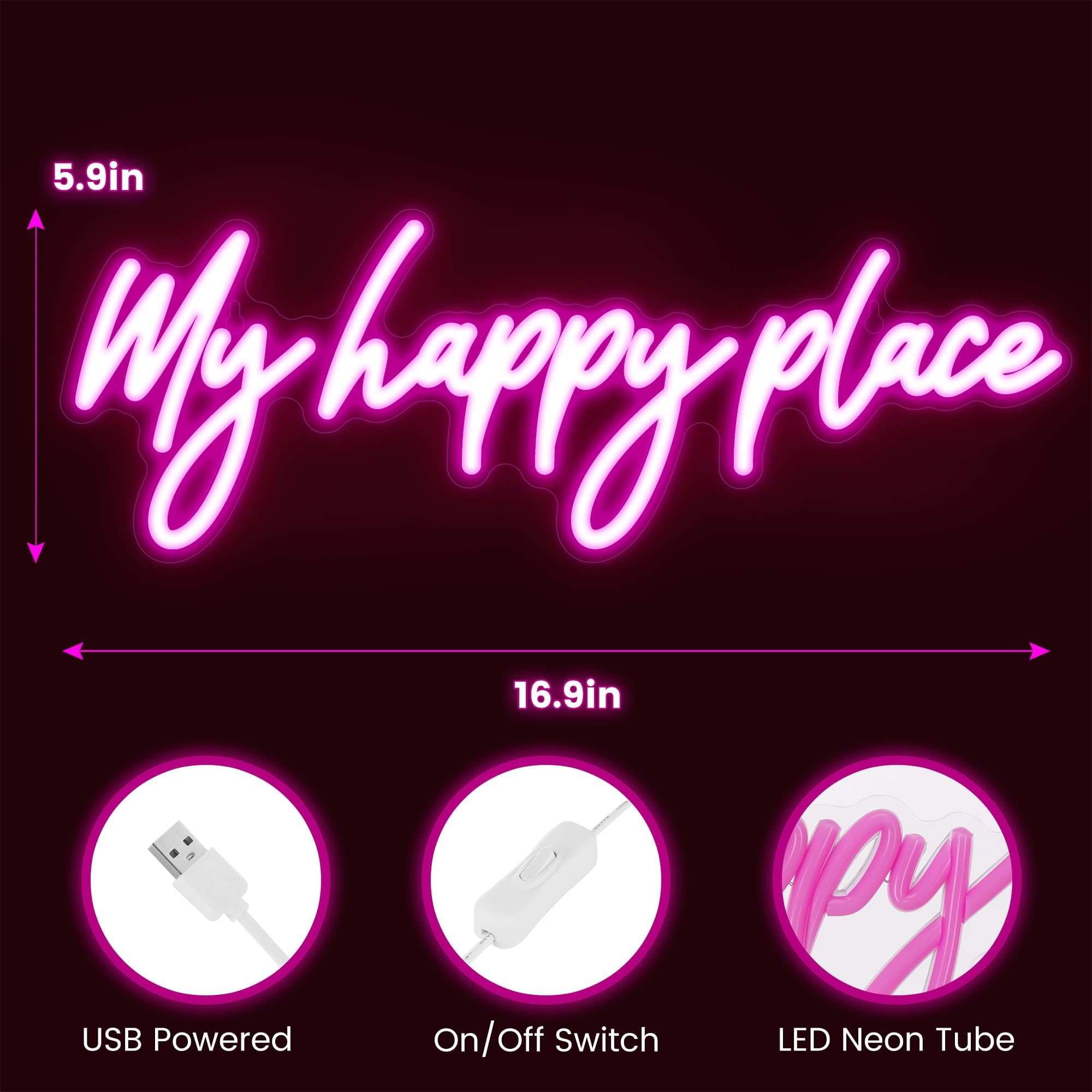 Kavaas Neon Sign - My Happy Place LED Wall Decor, 16.9inx5.9in, Pink Plastic Light Up Sign for Bedroom, Bar, Office, Dorms