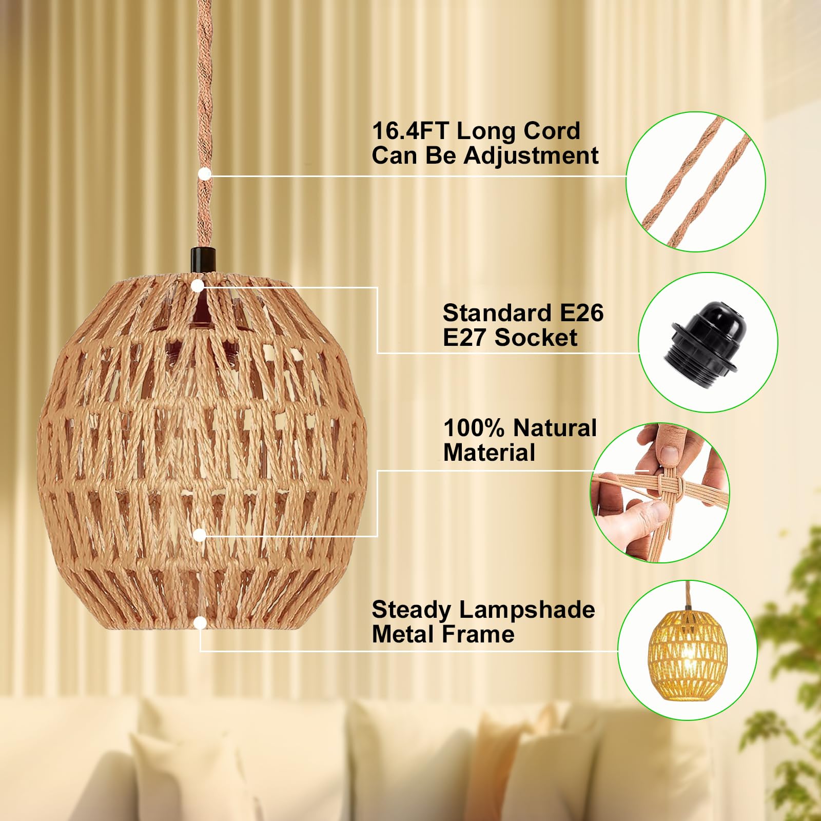Maliralt Rattan Pendant Light, 7.3in Egg Shade, Plug-in with Cord and Switch, Brown, Model SL-TTDD-CA