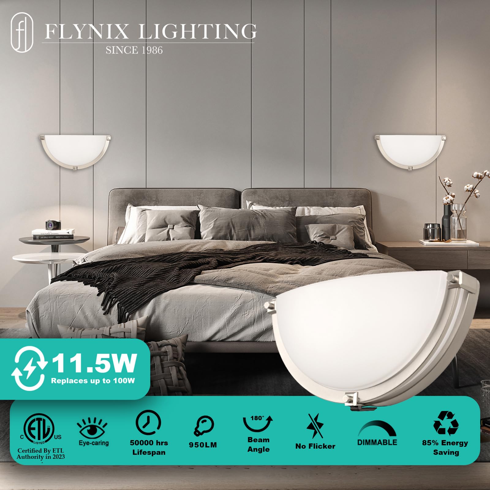 Flynix 13" Dimmable LED Wall Sconce, Adjustable Color Temp 3000K-5000K, Brushed Nickel, Super Bright 950 Lumen, Model PL-LR