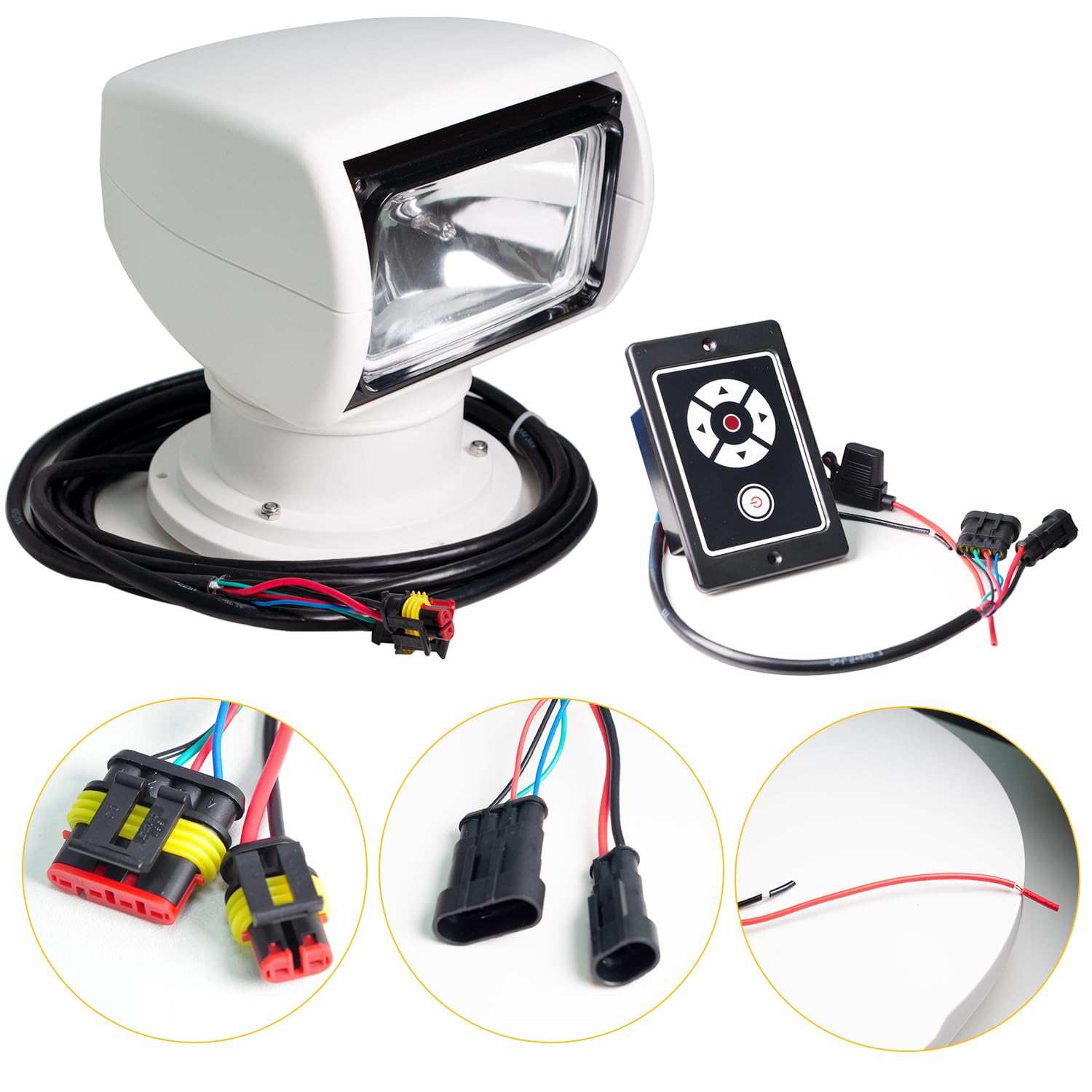 YoTmake 100W Remote Control Boat Spotlight - 360° Rotate Halogen Searchlight, White, Marine Use, 12V