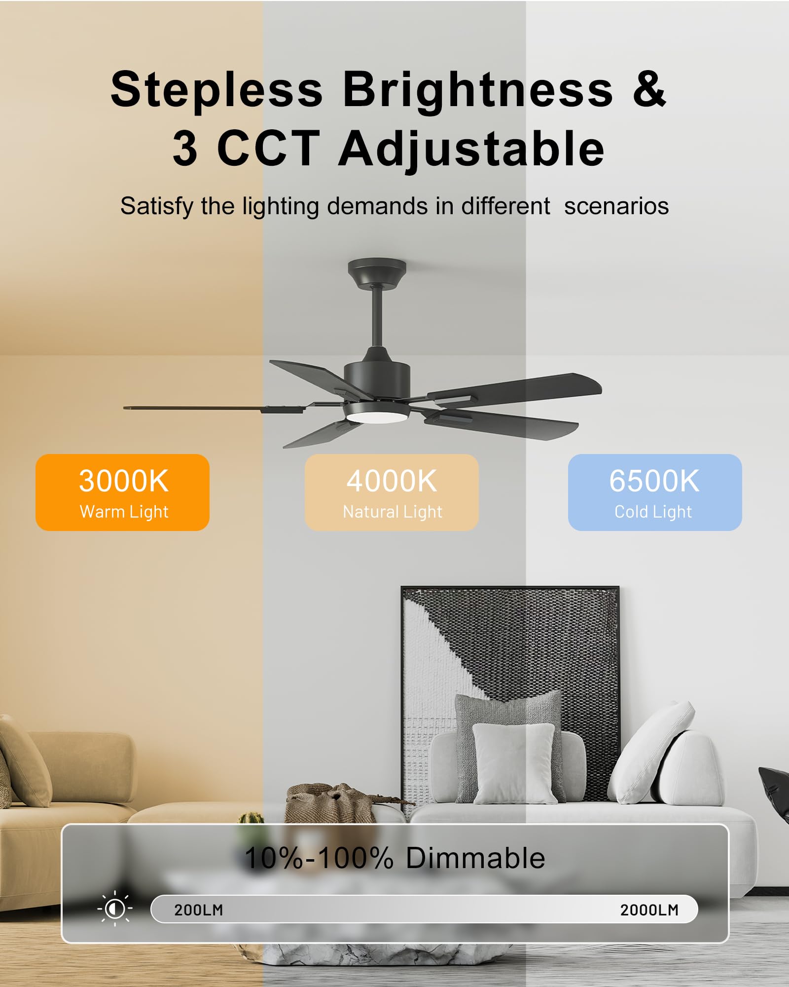 CubiCubi 52 Inch Ceiling Fan with Lights, Remote/APP Control, Dimmable, Quiet, Modern Design, Deep Walnut Finish, Model Cubicubi-52-BK