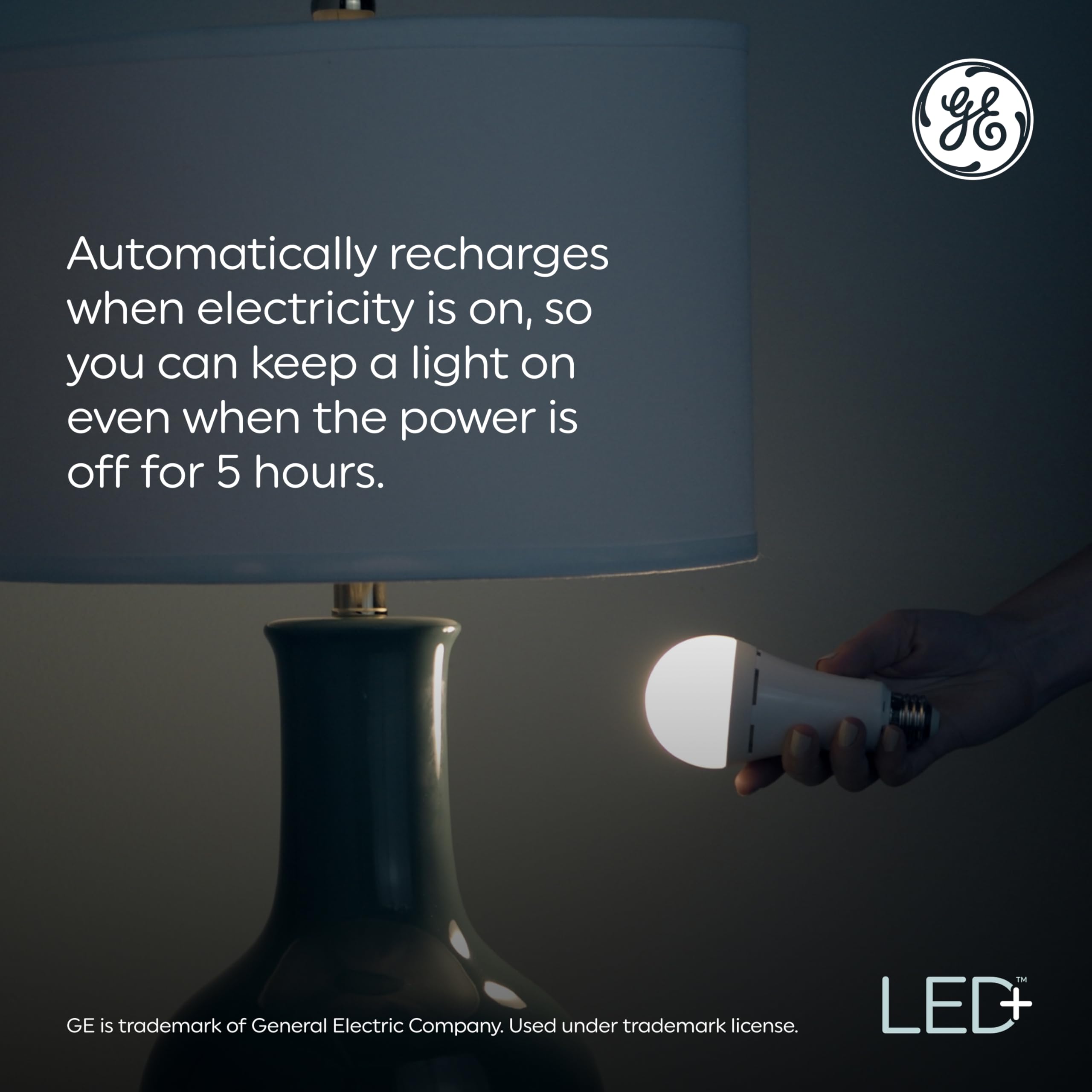 GE LED+ Rechargeable Backup Battery Light Bulb, Soft White, Medium Base, 1 Bulb, ABS Material