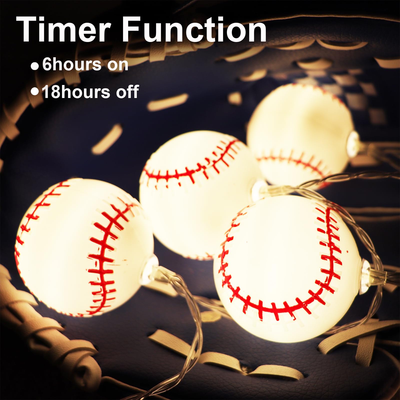 Yayfazy Baseball String Lights, 6.5Ft Timer, 10 Led Warm White, Battery Operated Decor For Kids Room & Sports Parties, Model Bs001