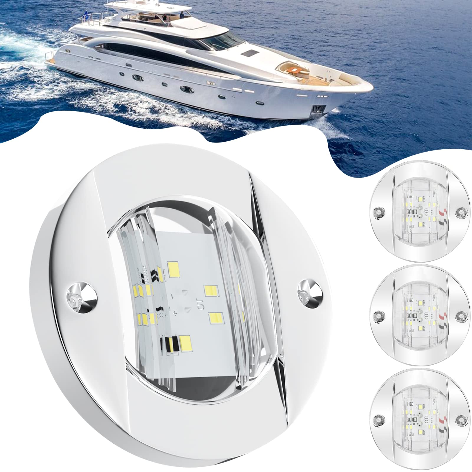 PSEQT 4Pcs Marine Boat Interior Lights, 12V LED Round 3in  White Surface Mount, Model PSEQTSE03W4P