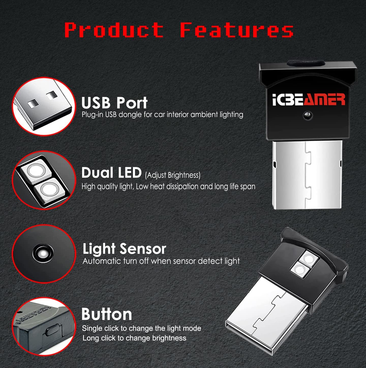 Icbeamer Smart Usb Adjustable Brightness Color: Purple, Auto Led Interface Plug-In Miniature Night Light Led For: Automotive Car Van Pickup Truck Interior Trunk Ambient Atmosphere Light