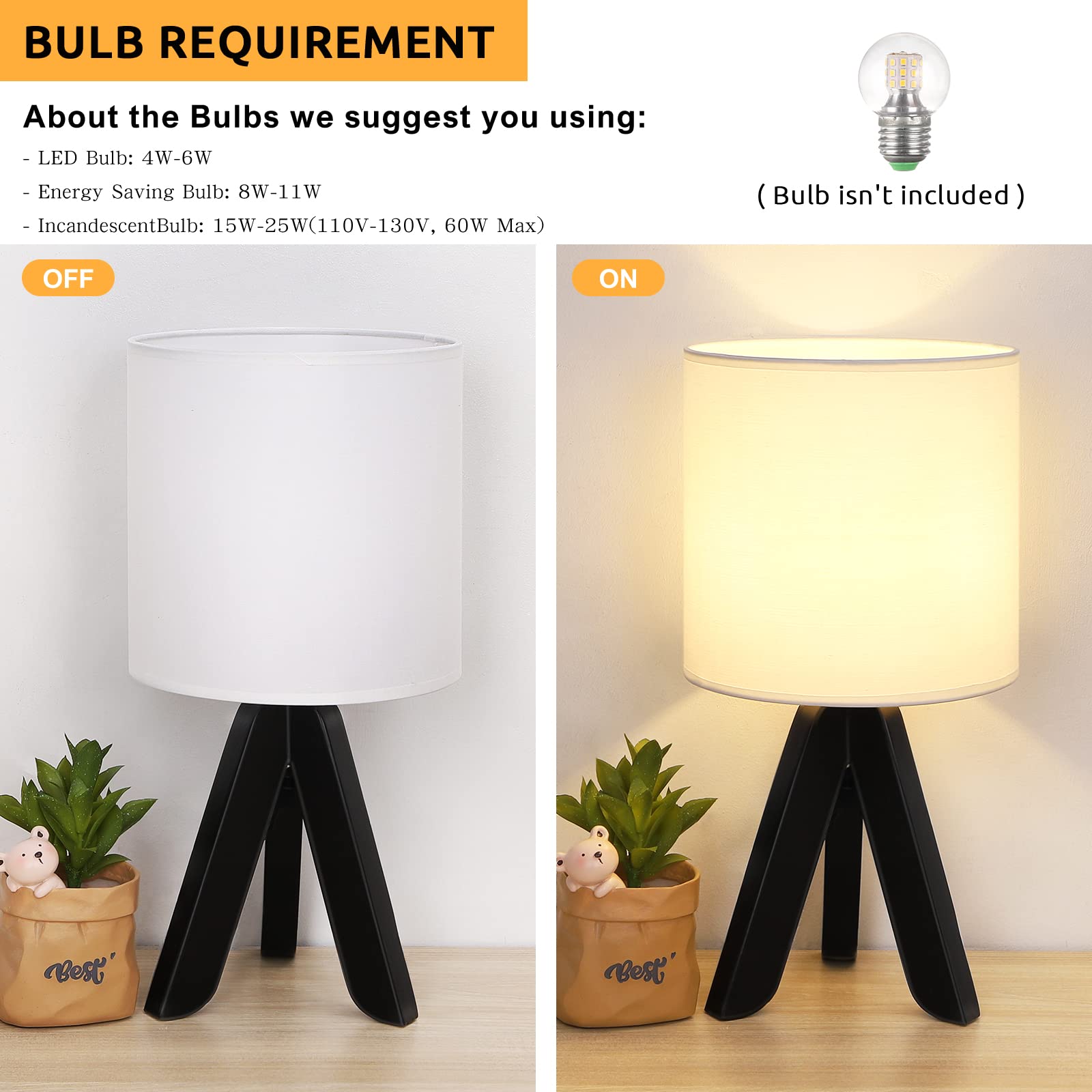 HAITRAL Wooden Tripod Table Lamp, Black Base, Linen Shade, Small Nightstand Lamp for Bedroom, Kids Room, Nursery