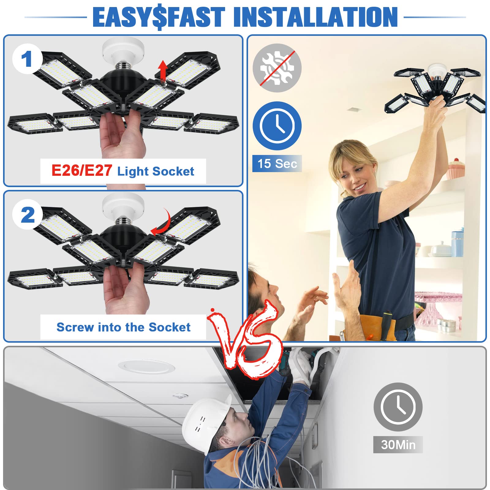 Aoretic Led Garage Lights Bulb 10+1 Panels 2 Pack -200W, 20000Lm 6500K Led Shop Light With 6+1 Deformable Panels, Ceiling Lights