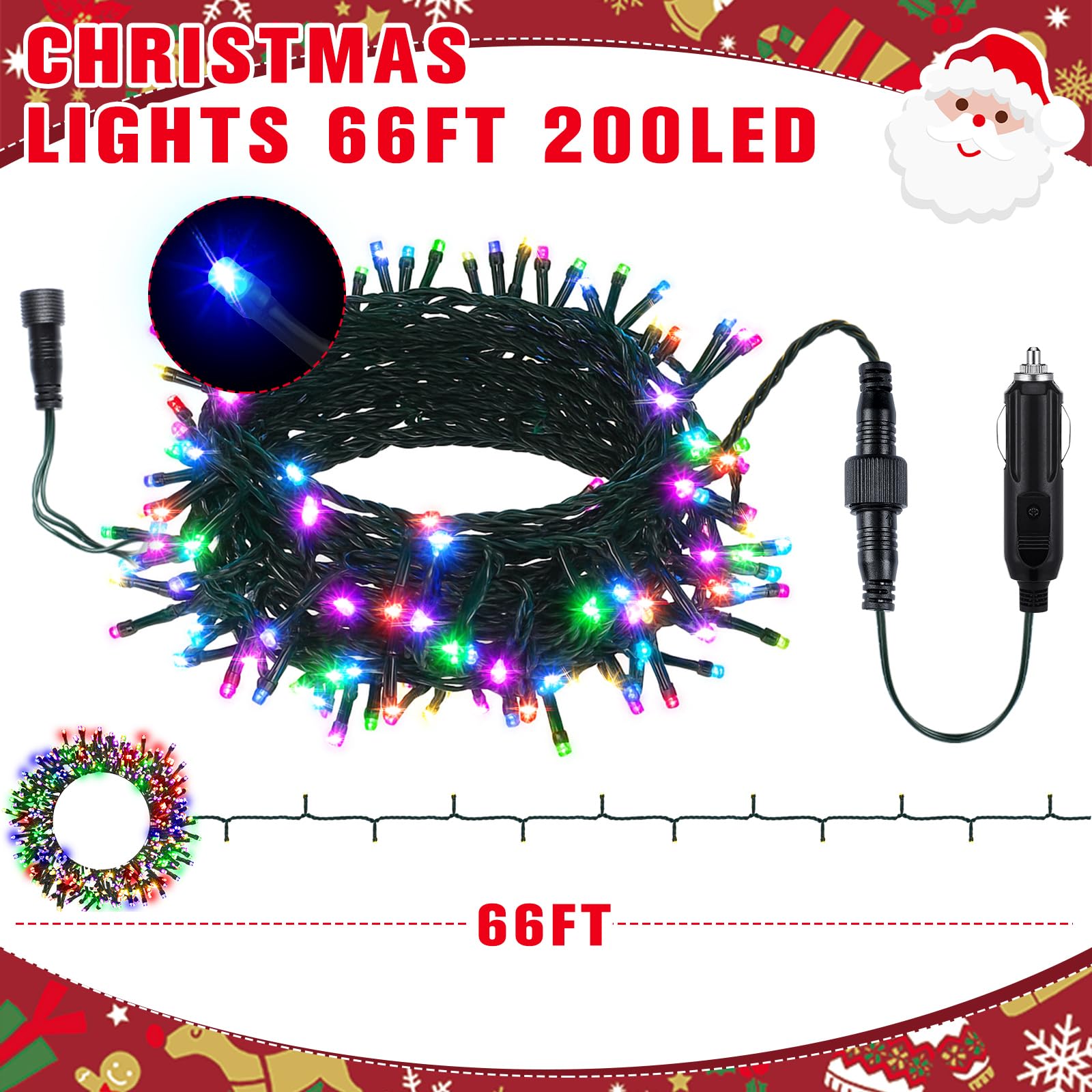 Aurelema 12V LED String Lights - 66 ft, 200 Multicolor Waterproof Lights for Christmas Car Decorations, Model MJO-Aurelema-2277