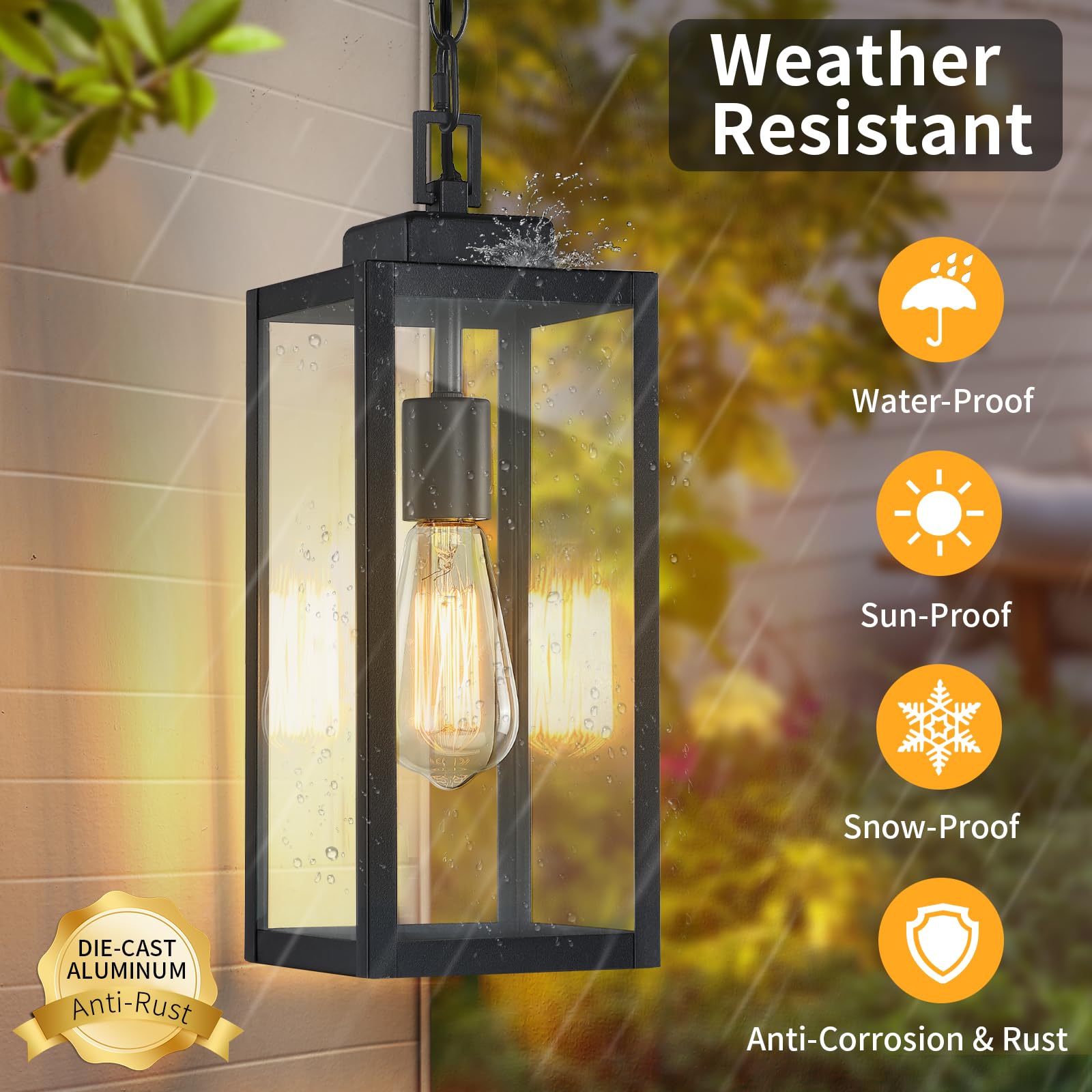 Myhxq 2 Packs 15'' Large Outdoor Pendant Light, Modern Outside Chandelier Outdoor Hanging Lantern Light, Matte Black With Clear