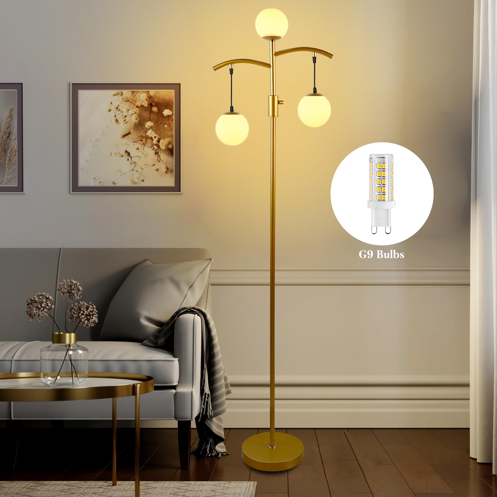 Lightdot 67IN Tree Floor Lamp, Dimmable Vintage Design, Gold Metal, E26 LED Bulbs Included, Model LFLL-95-G