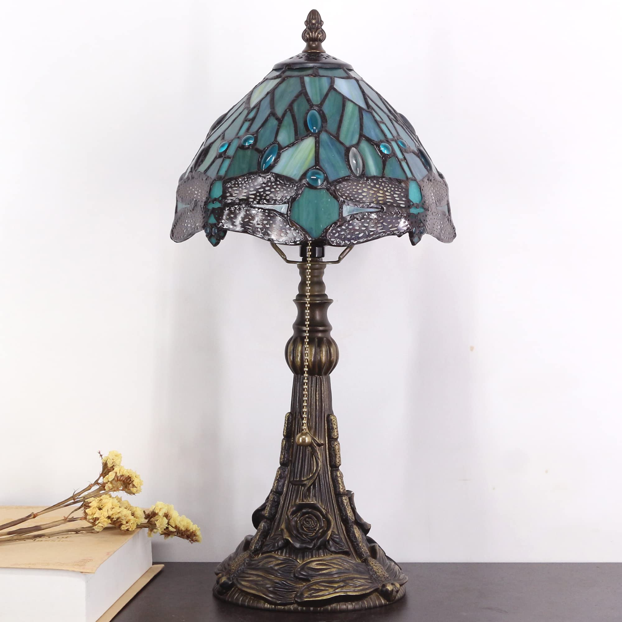 Small Tiffany Lamp Mini Stained Glass Desk Lamp Vintage Table Lamp Tiffany Style Night Light 8X17.5 Inch (Sea Blue Dragonfly Sty